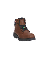 A single brown leather work boot with black laces, a black collar lining, and a black outsole, shown from a three-quarters angle on a plain white background.