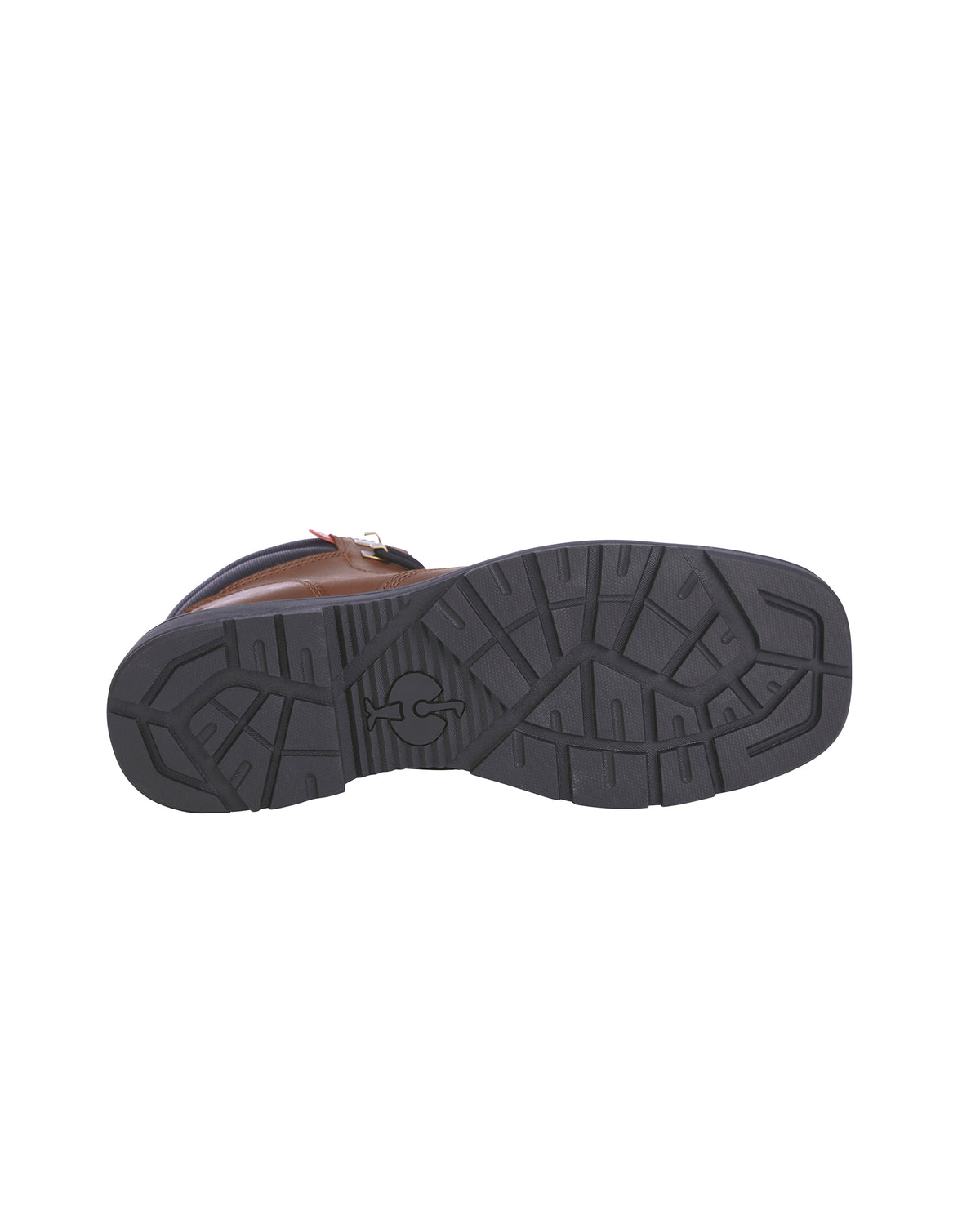 A top-down view of a brown leather boot showing its textured black rubber sole against a plain white background.