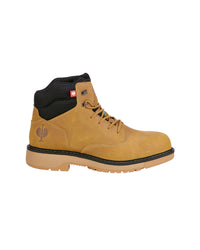 A tan leather work boot with a black collar, black laces, and a tan sole, shown from a side profile on a white background.