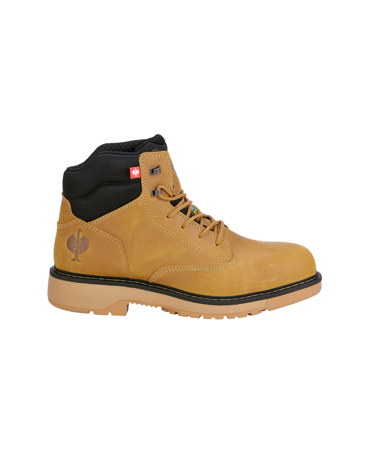 A tan leather work boot with a black collar, black laces, and a tan sole, shown from a side profile on a white background.