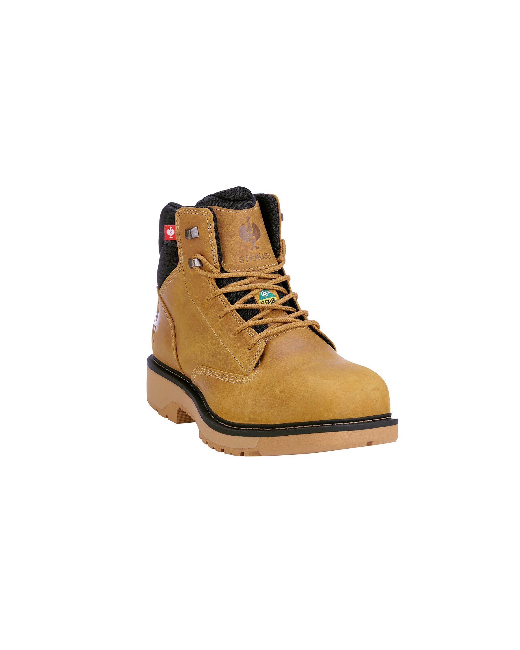 A single high-top work boot in tan leather with black trim, black laces, and a black sole, shown from a three-quarters angle on a plain white background.