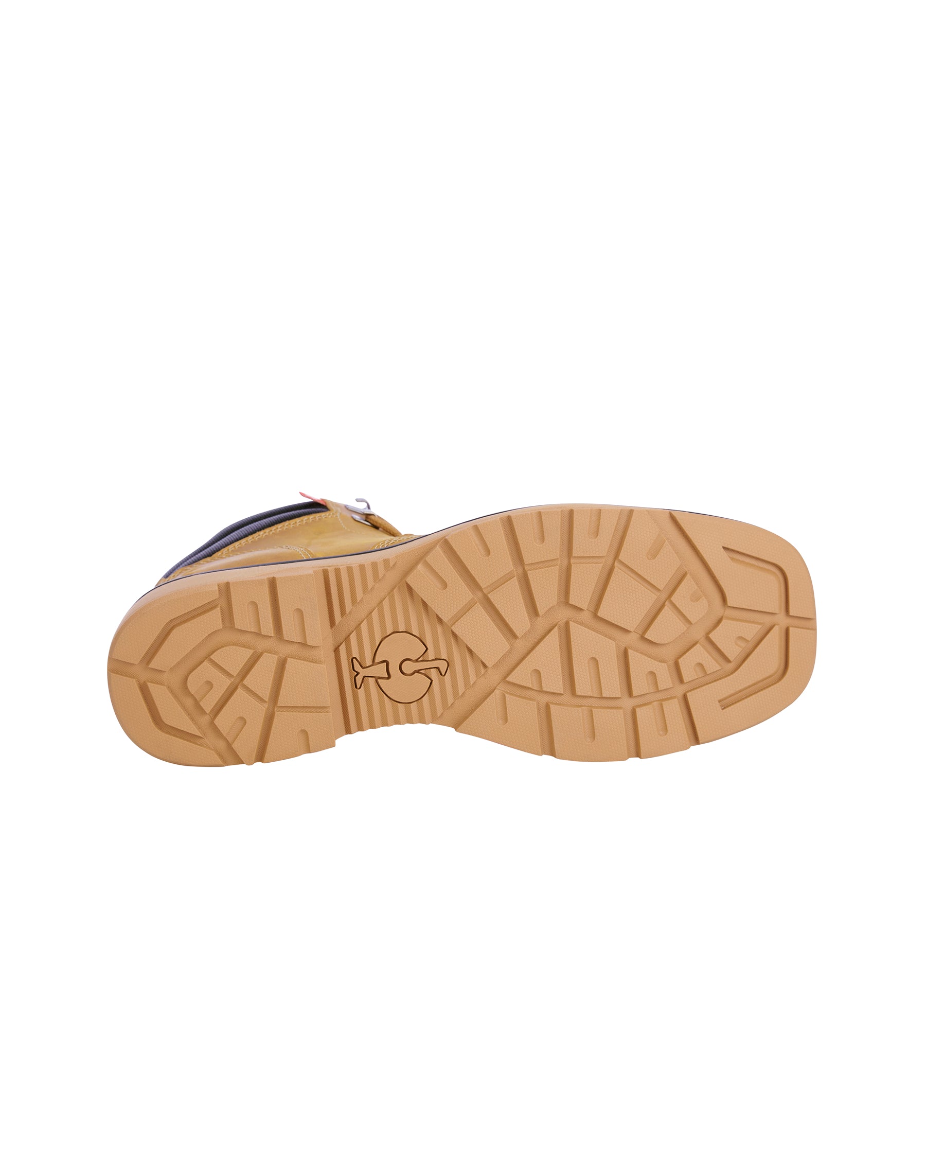 A close-up view of a tan rubber shoe sole with a textured tread pattern and a small embossed logo, shown against a plain white background.