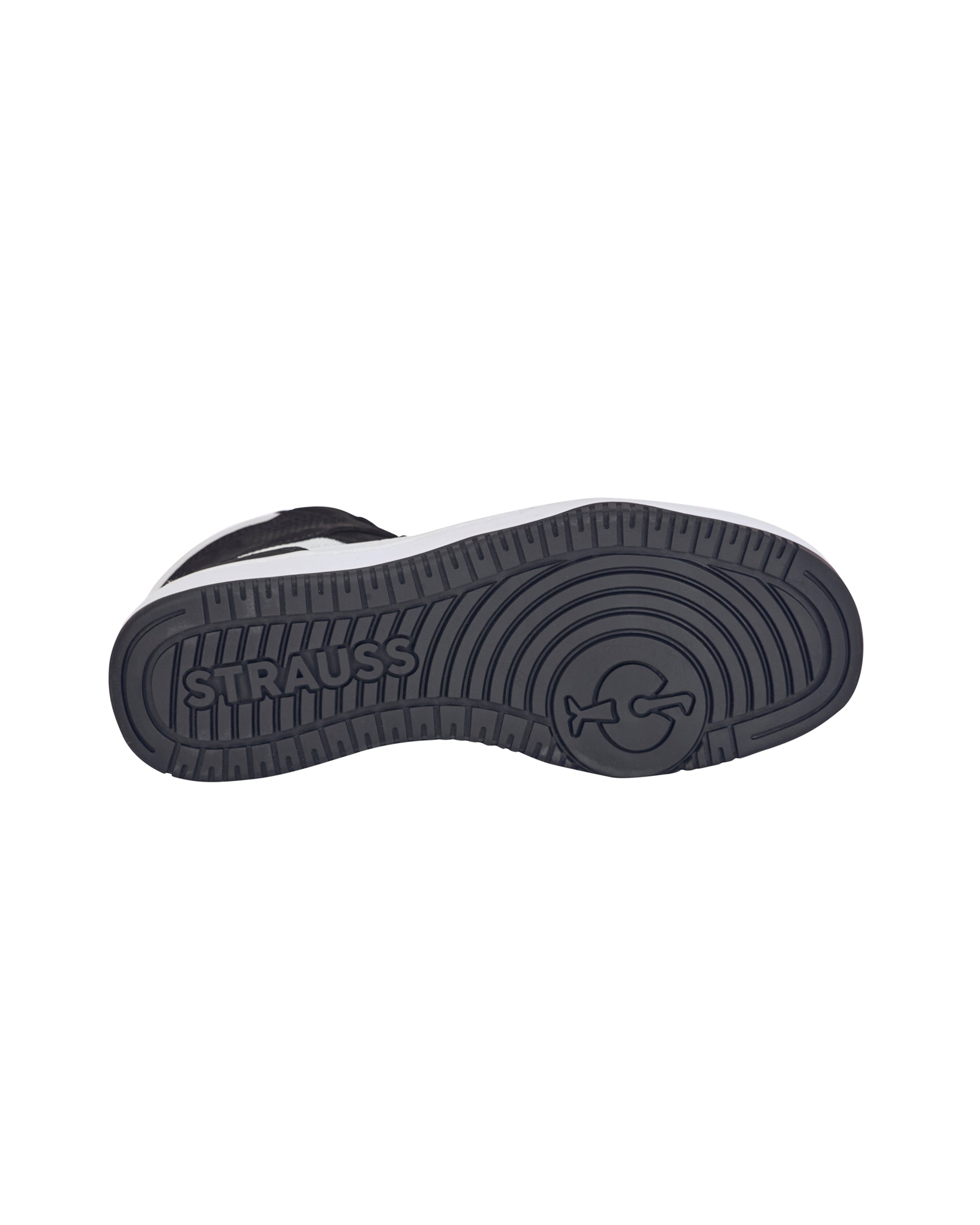 Outsole tread view of the STRAUSS Eindhoven 6-inch Steel Toe Work Boot in Black and White