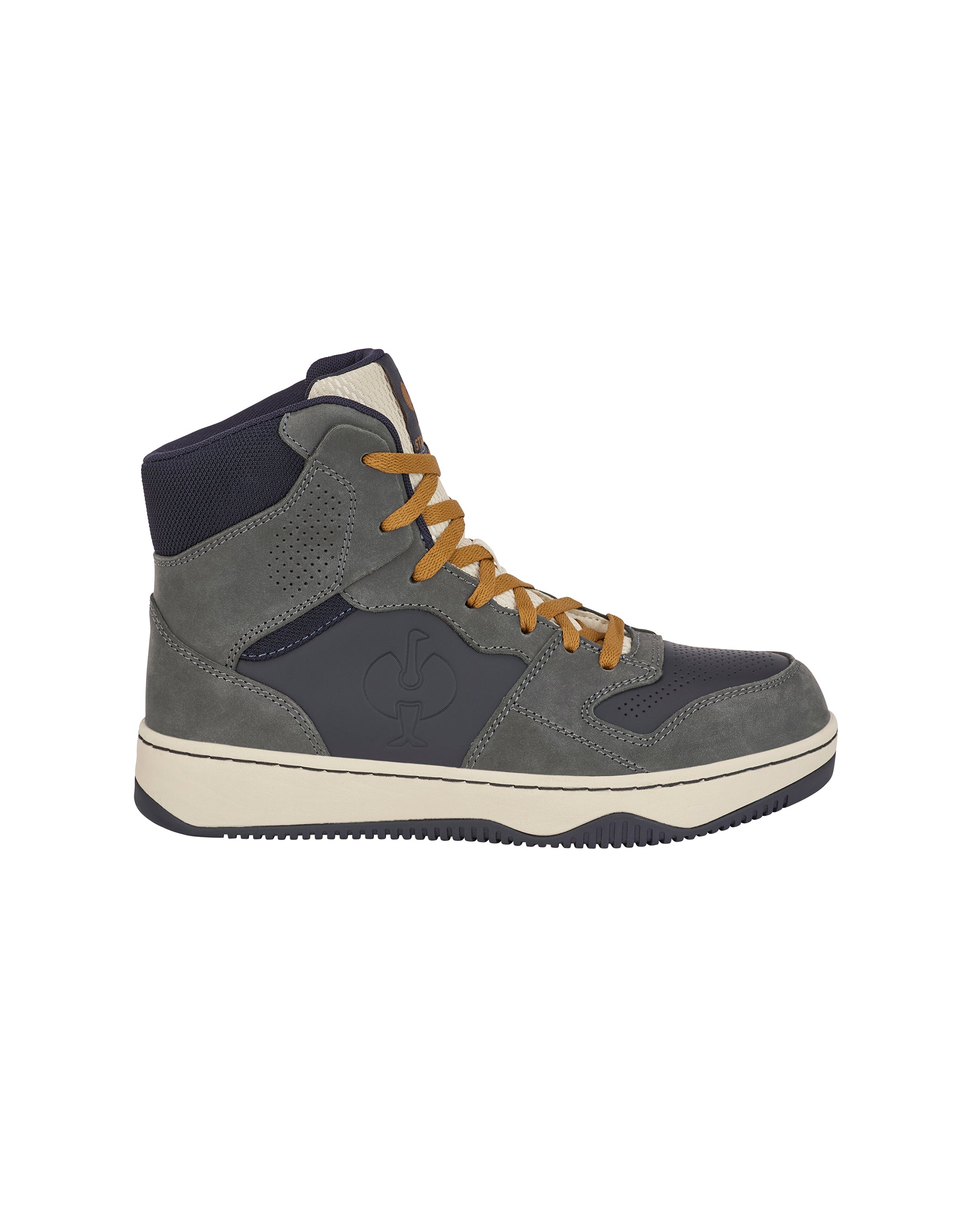 STRAUSS Eindhoven 6-inch Steel Toe Work Boot in Carbon gray and Nero blue, side profile view
