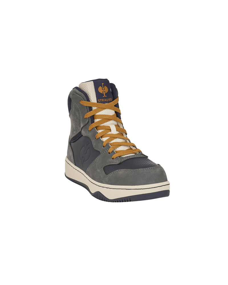 STRAUSS Eindhoven 6-inch Steel Toe Work Boot in Carbon gray and Nero blue, front three-quarter view