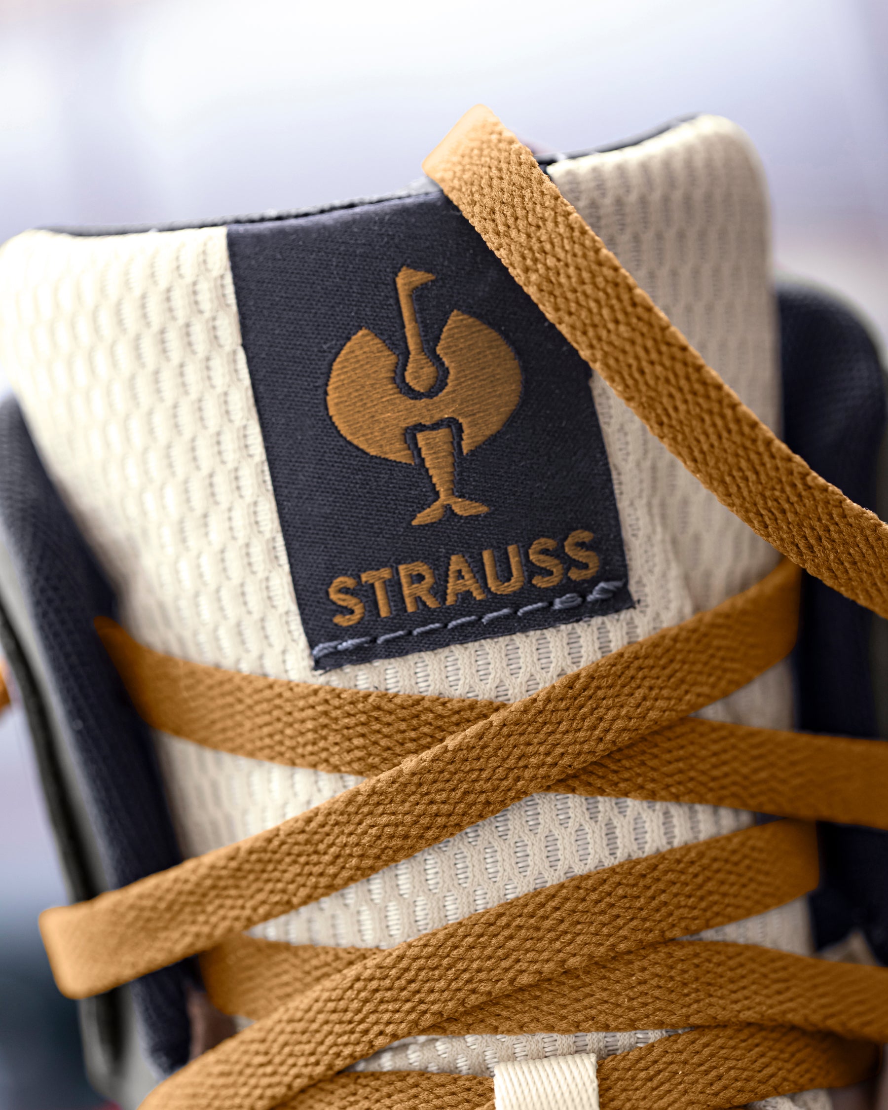 Close-up of the Carbon gray and Nero blue Eindhoven 6-inch Steel Toe Work Boot upper and laces