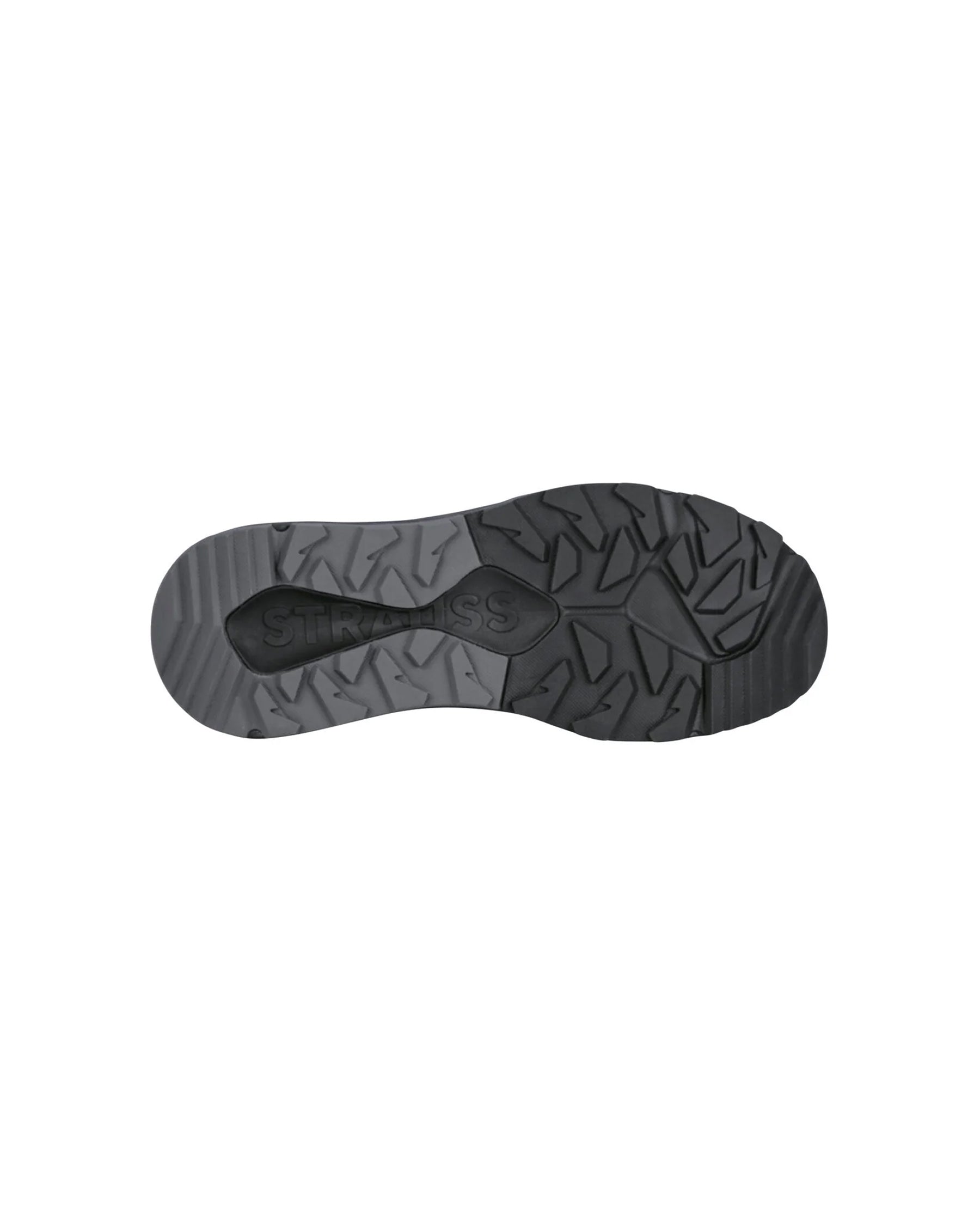 Outsole tread view of the STRAUSS Harlem Composite Toe Work Shoe in Black