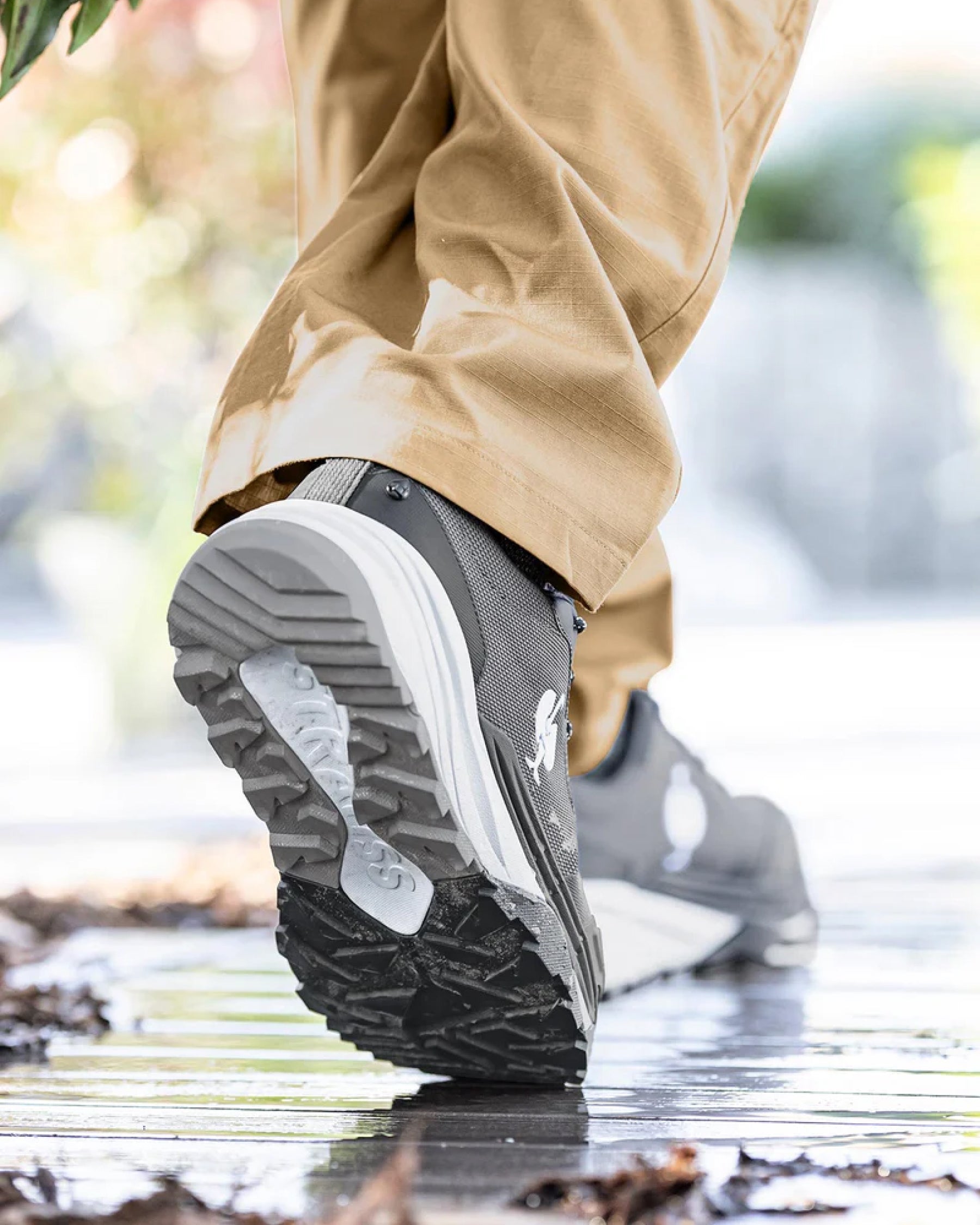 STRAUSS Harlem Composite Toe Work Shoe in Basalt gray worn in an outdoor work setting