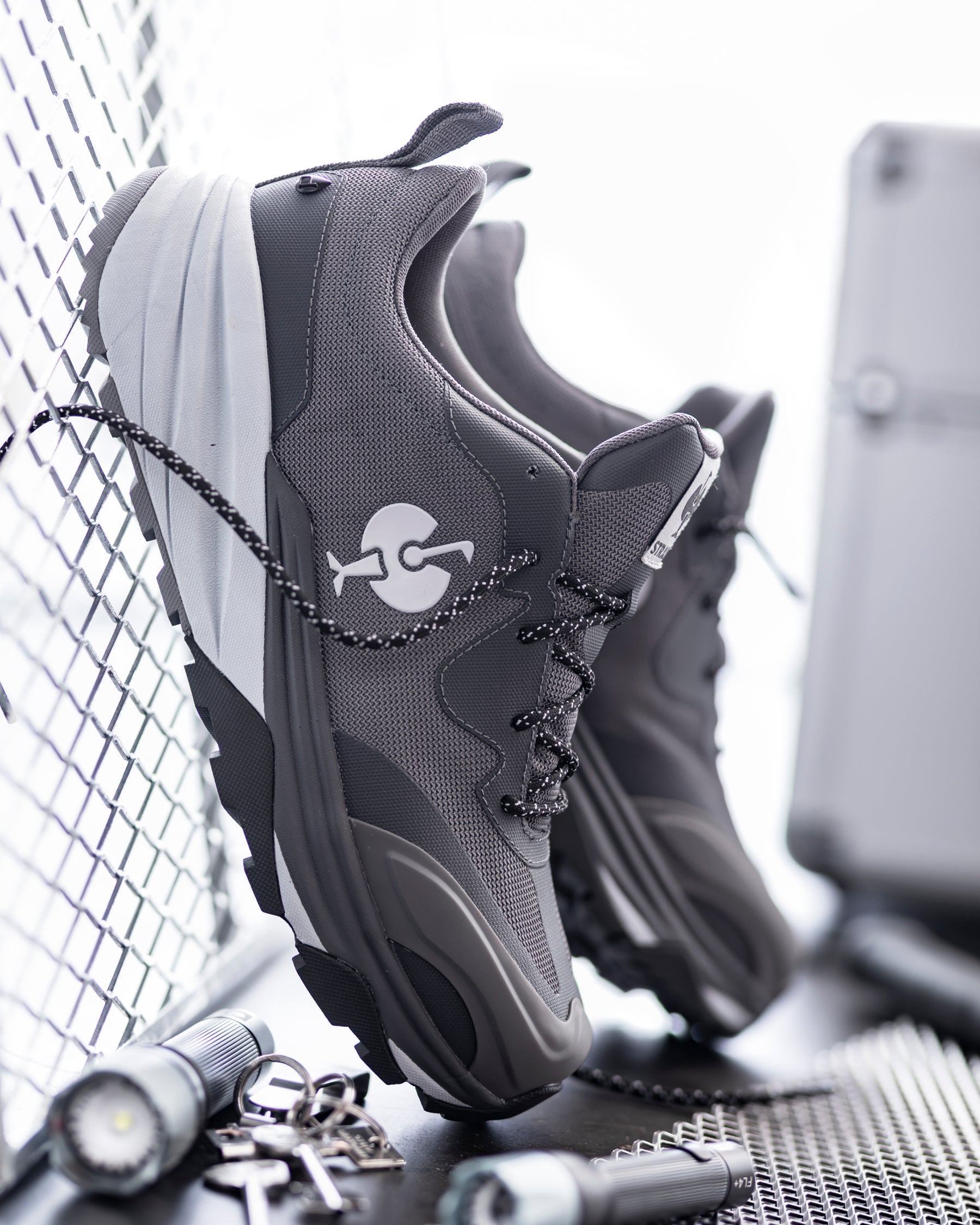 STRAUSS Harlem Composite Toe Work Shoe in Basalt gray shown in use on the job