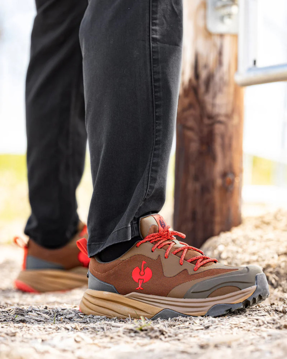 STRAUSS Harlem Composite Toe Work Shoe in Desert brown shown on rough jobsite ground
