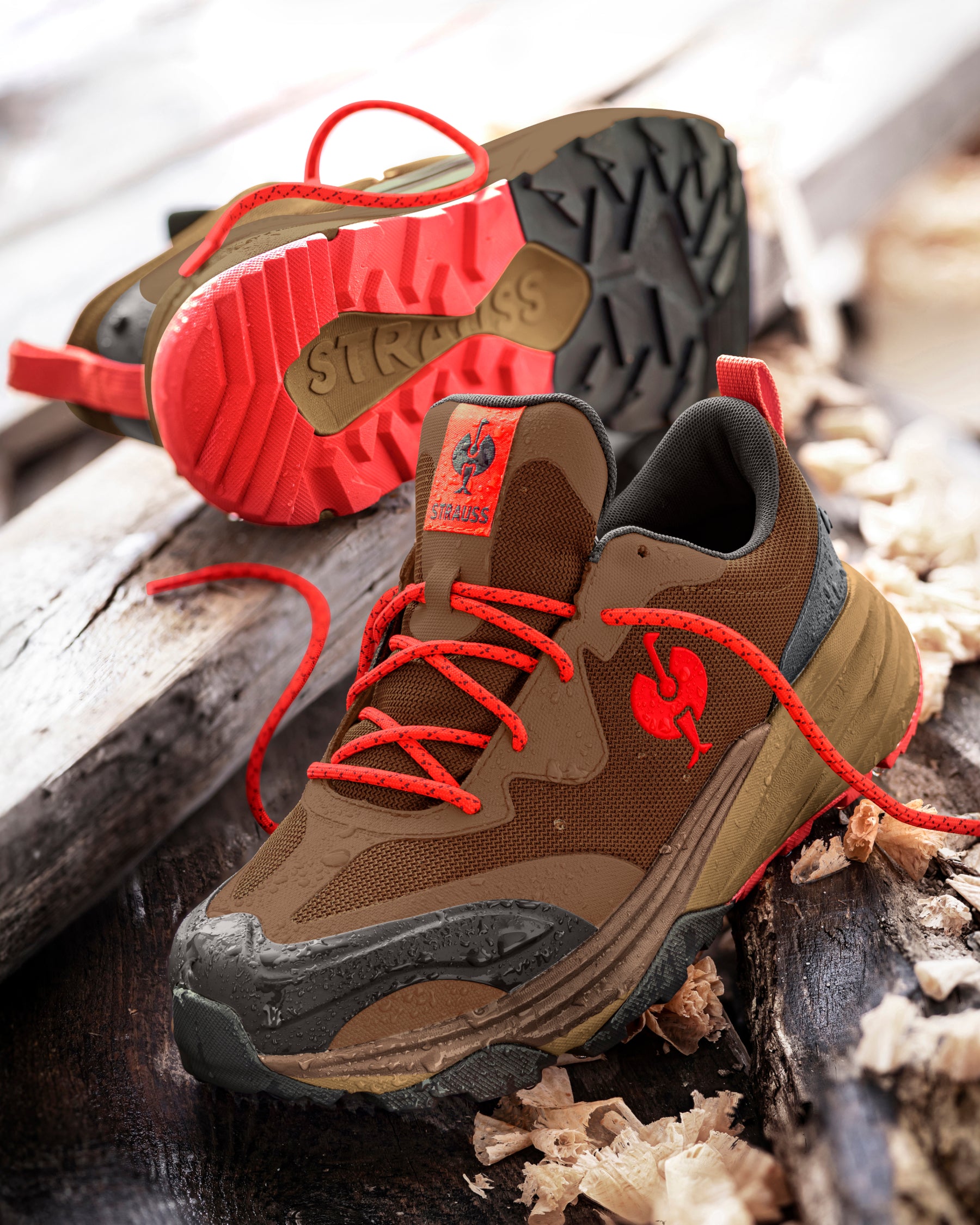 STRAUSS Harlem Composite Toe Work Shoe in Desert brown with workwear in a jobsite scene