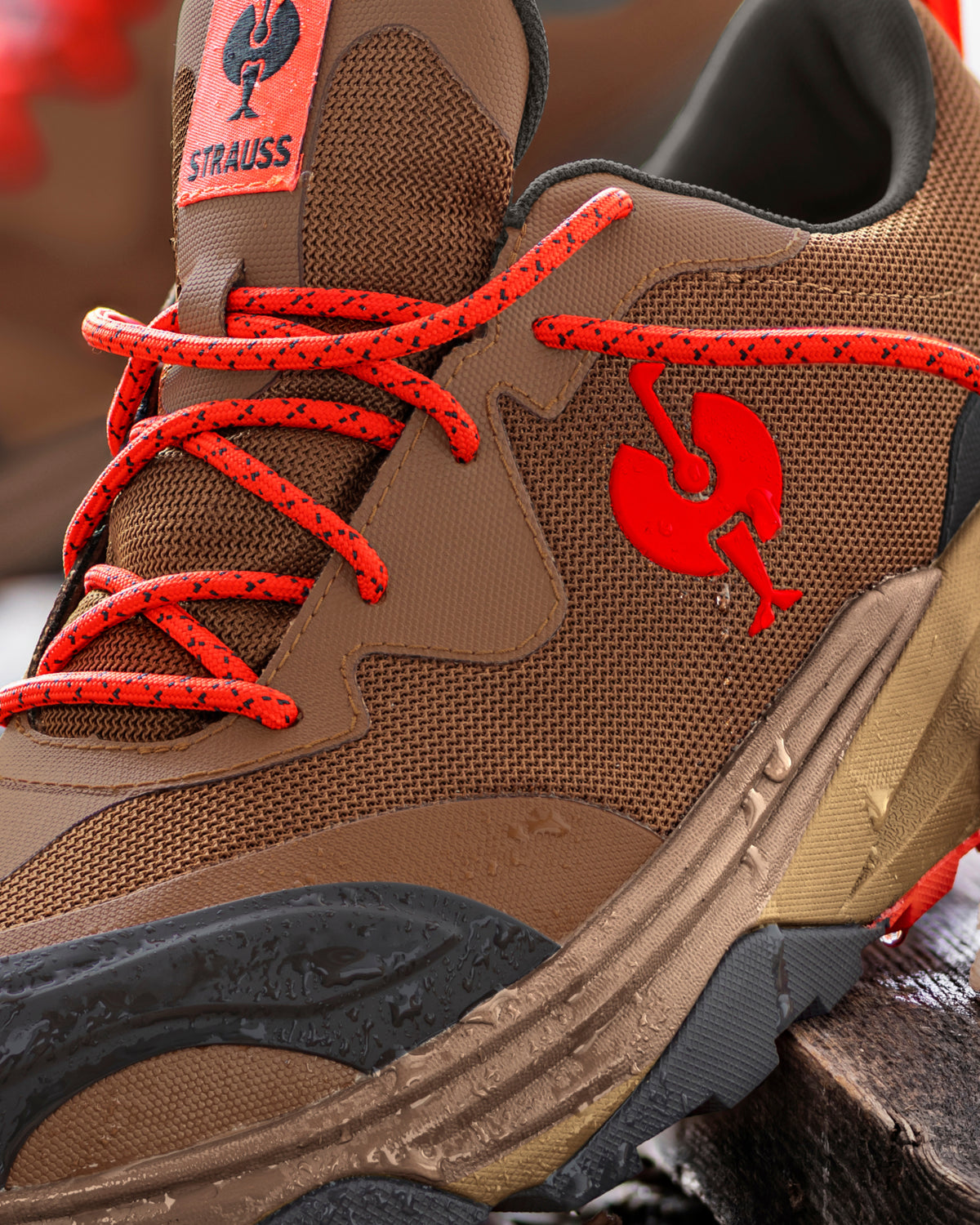Close-up of the Desert brown Harlem Composite Toe Work Shoe upper and laces