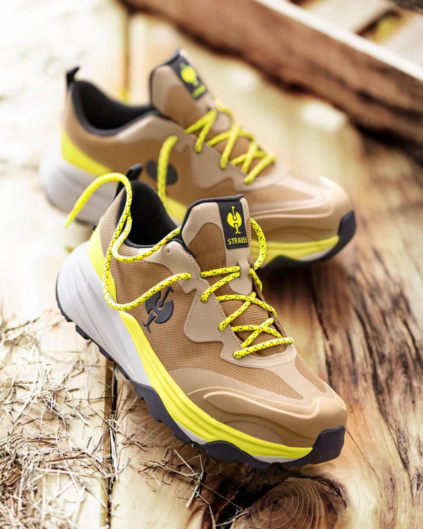 STRAUSS Harlem Composite Toe Work Shoe in Almond brown with workwear in a jobsite scene