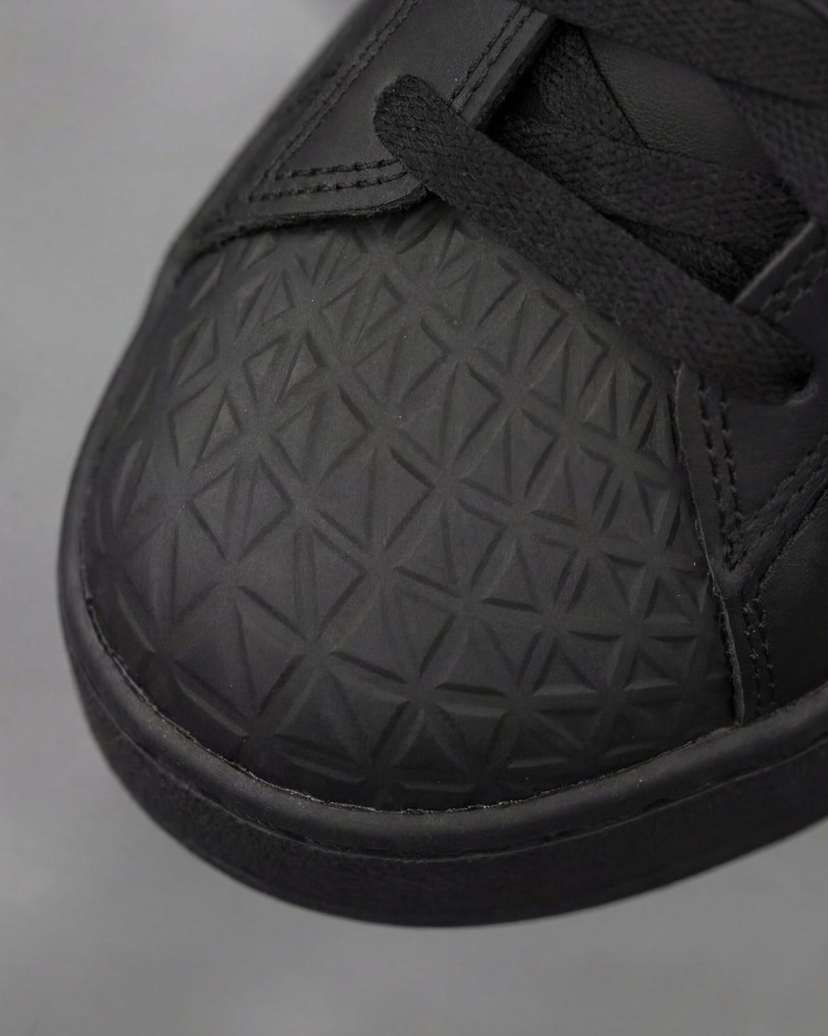 Close-up of the Black Philly Steel Toe Work Shoe steel toe area