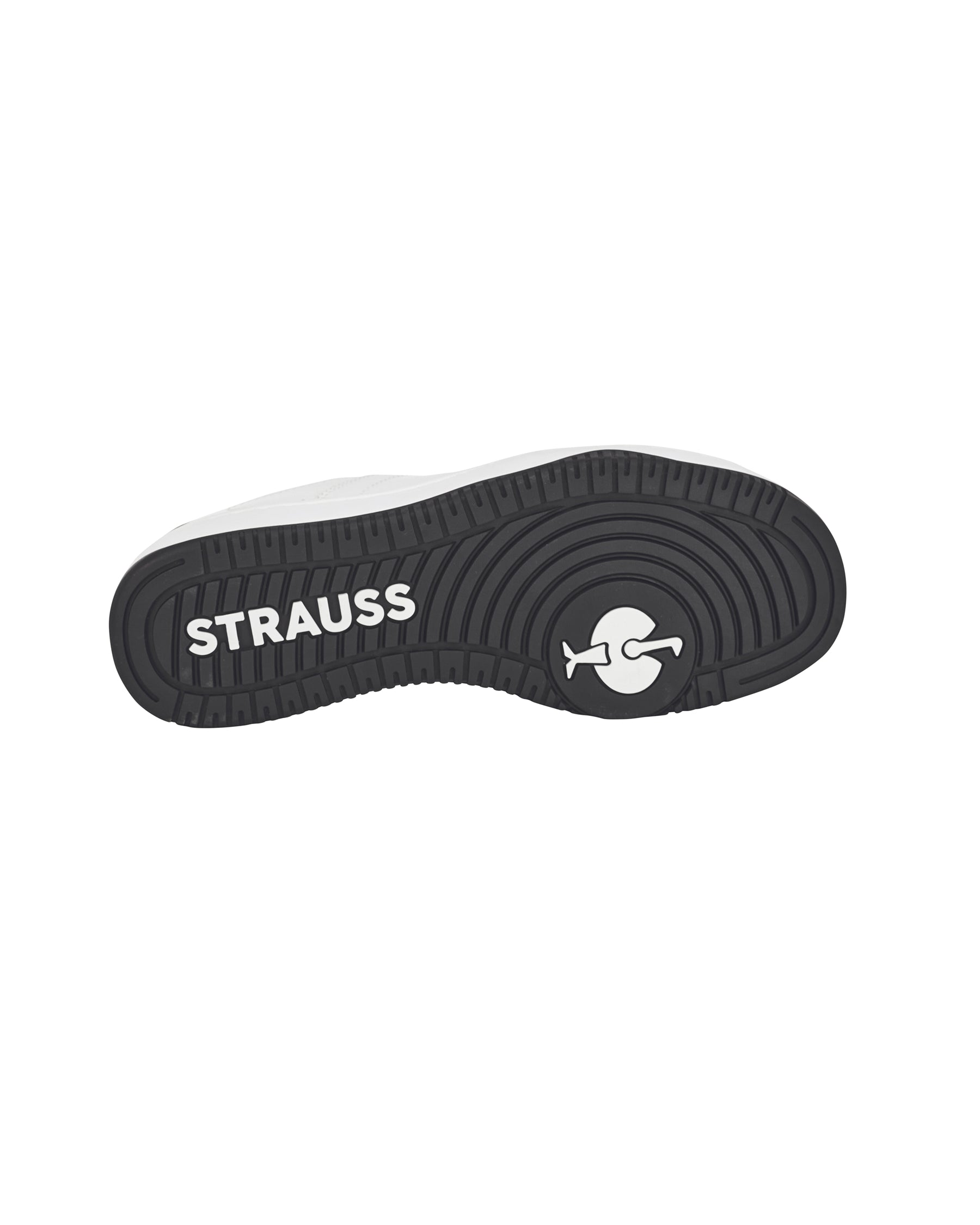 Outsole tread view of the STRAUSS Philly Steel Toe Work Shoe in White and Black