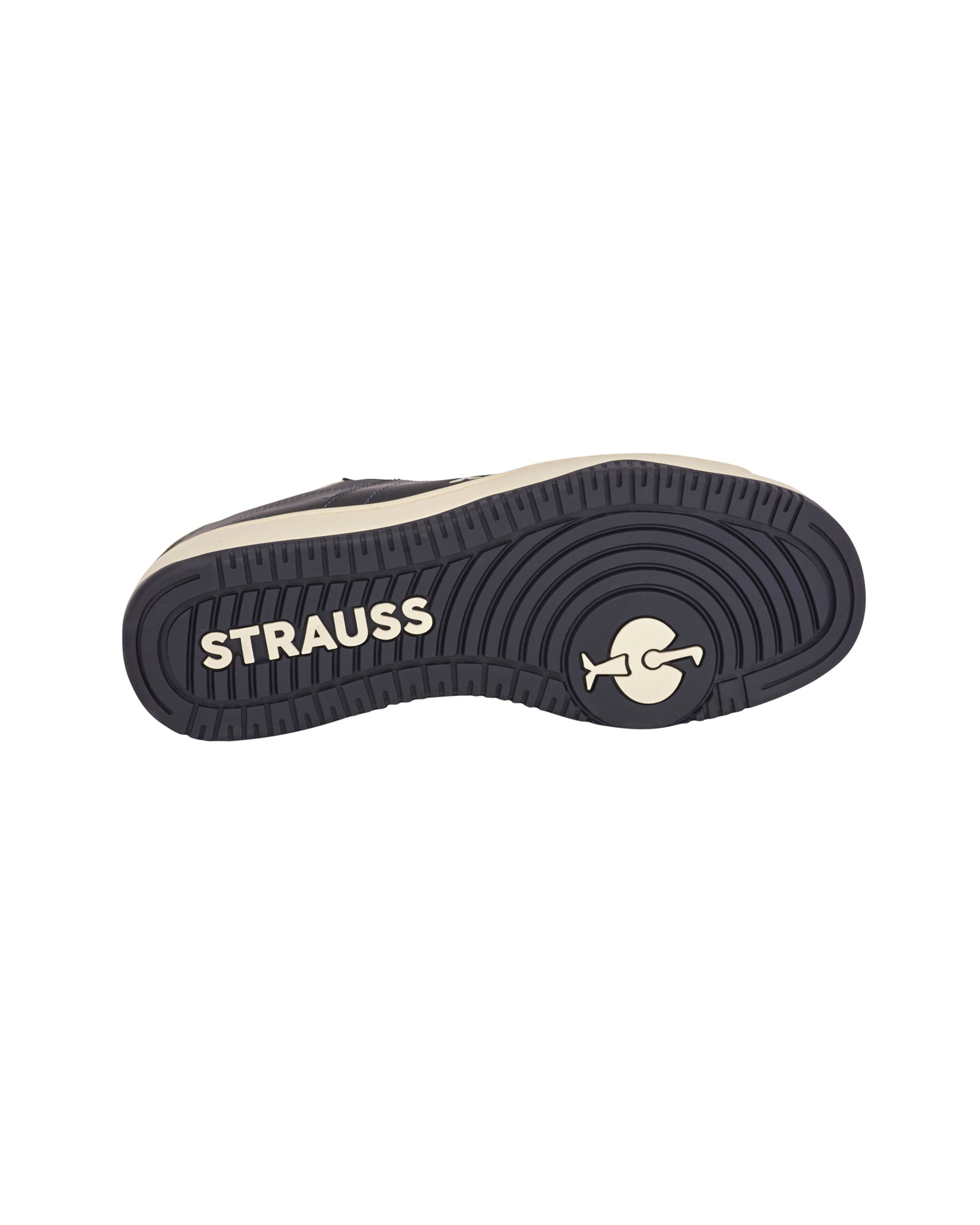 Outsole tread view of the STRAUSS Philly Steel Toe Work Shoe in Nero blue