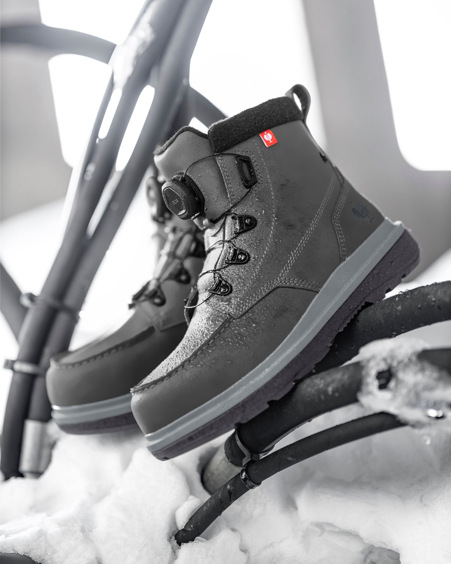 STRAUSS Woodside 6-inch Steel Toe Work Boot in Carbon gray with workwear in a jobsite scene