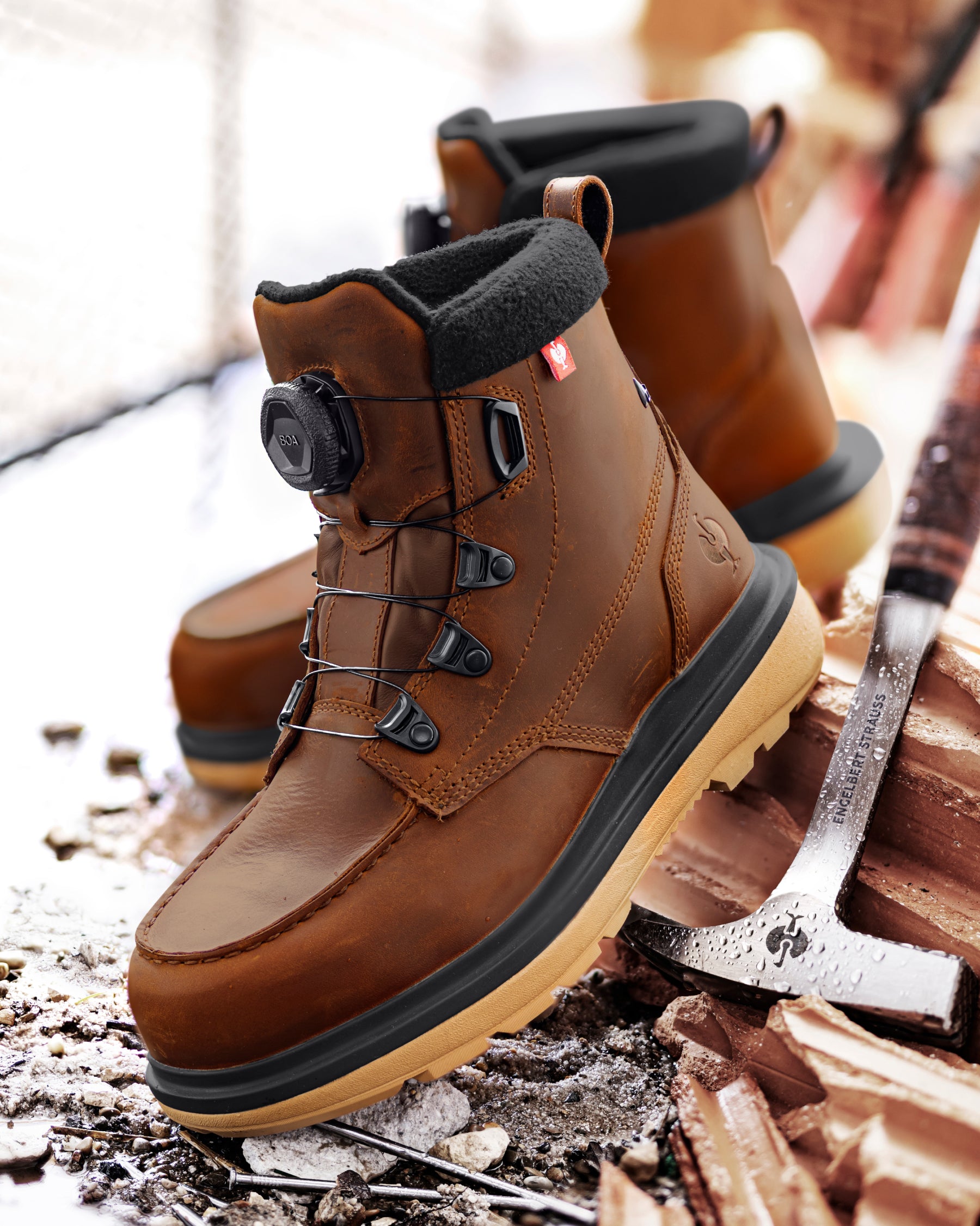 STRAUSS Woodside 6-inch Steel Toe Work Boot in Desert brown with workwear in a jobsite scene