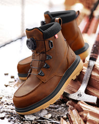 STRAUSS Woodside 6-inch Steel Toe Work Boot in Desert brown with workwear in a jobsite scene