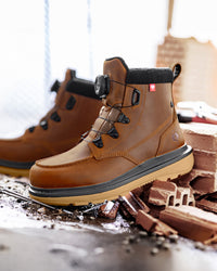 STRAUSS Woodside 6-inch Steel Toe Work Boot in Desert brown shown in use on the job