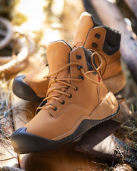 STRAUSS Queenstown 6-inch Steel Toe Work Boot in Almond brown worn in an outdoor work setting