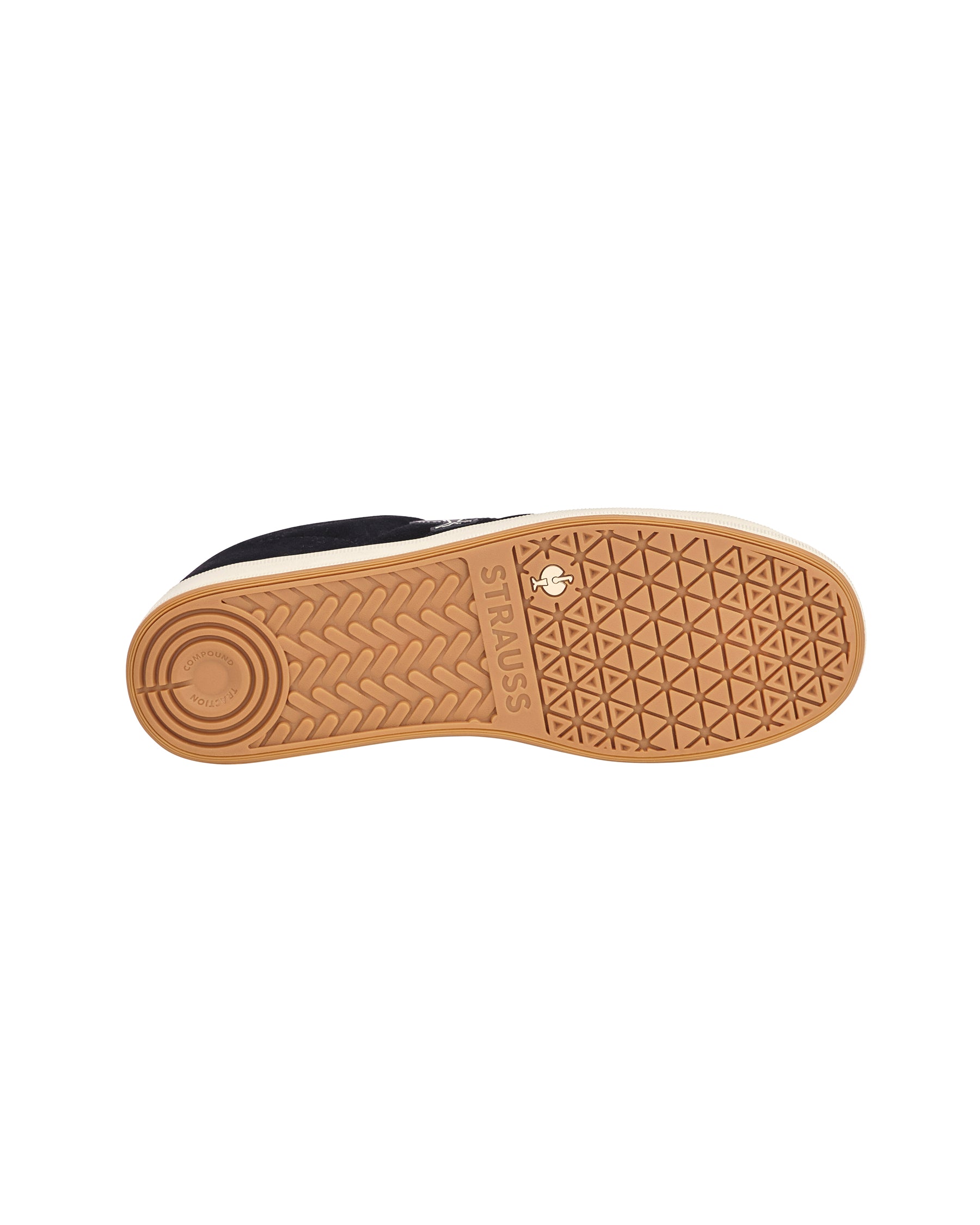 Outsole tread view of the STRAUSS Tampa Steel Toe Work Shoe in Black and Light beige