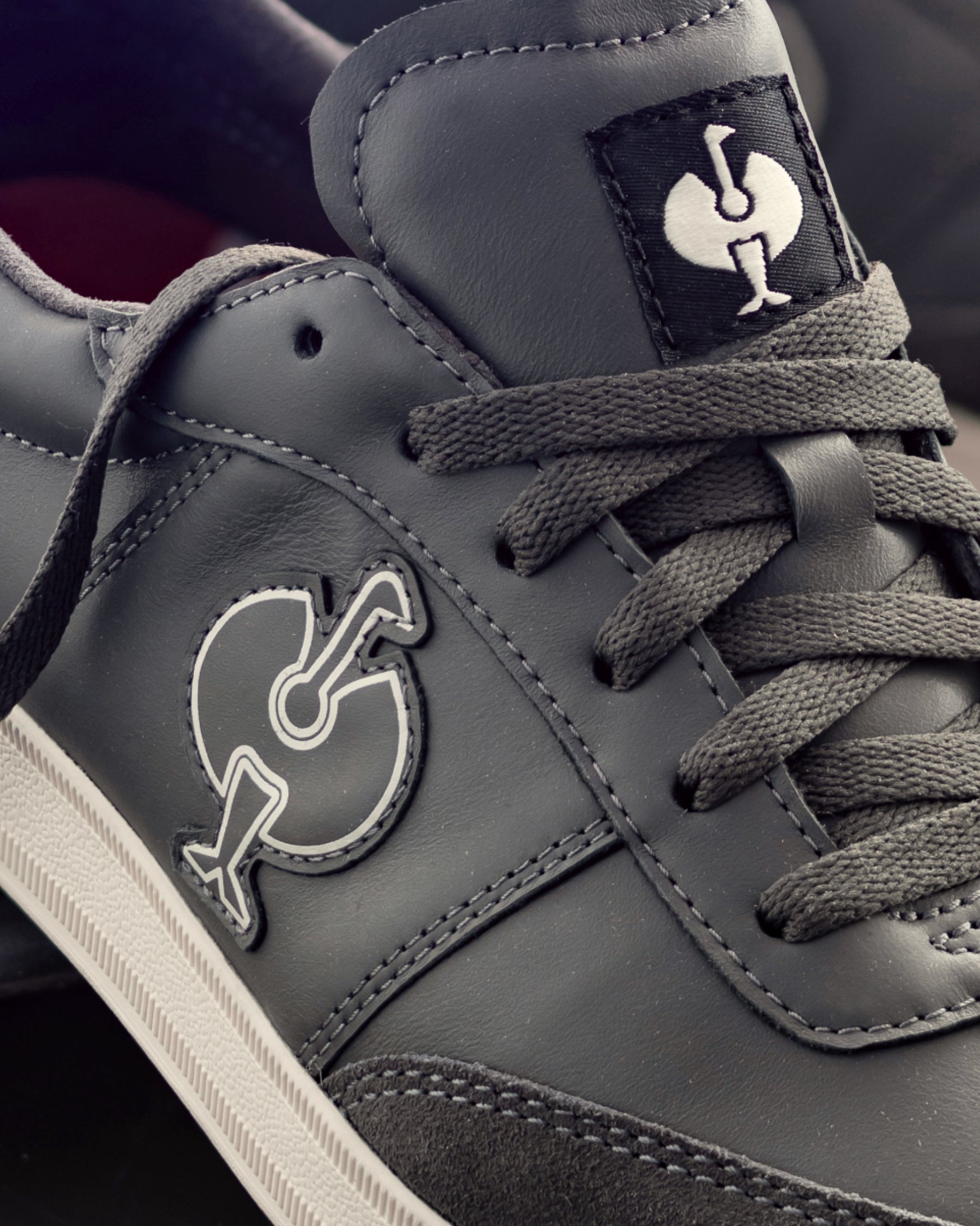 Close-up of the Carbon gray Brooklyn Steel Toe Work Shoe upper and laces