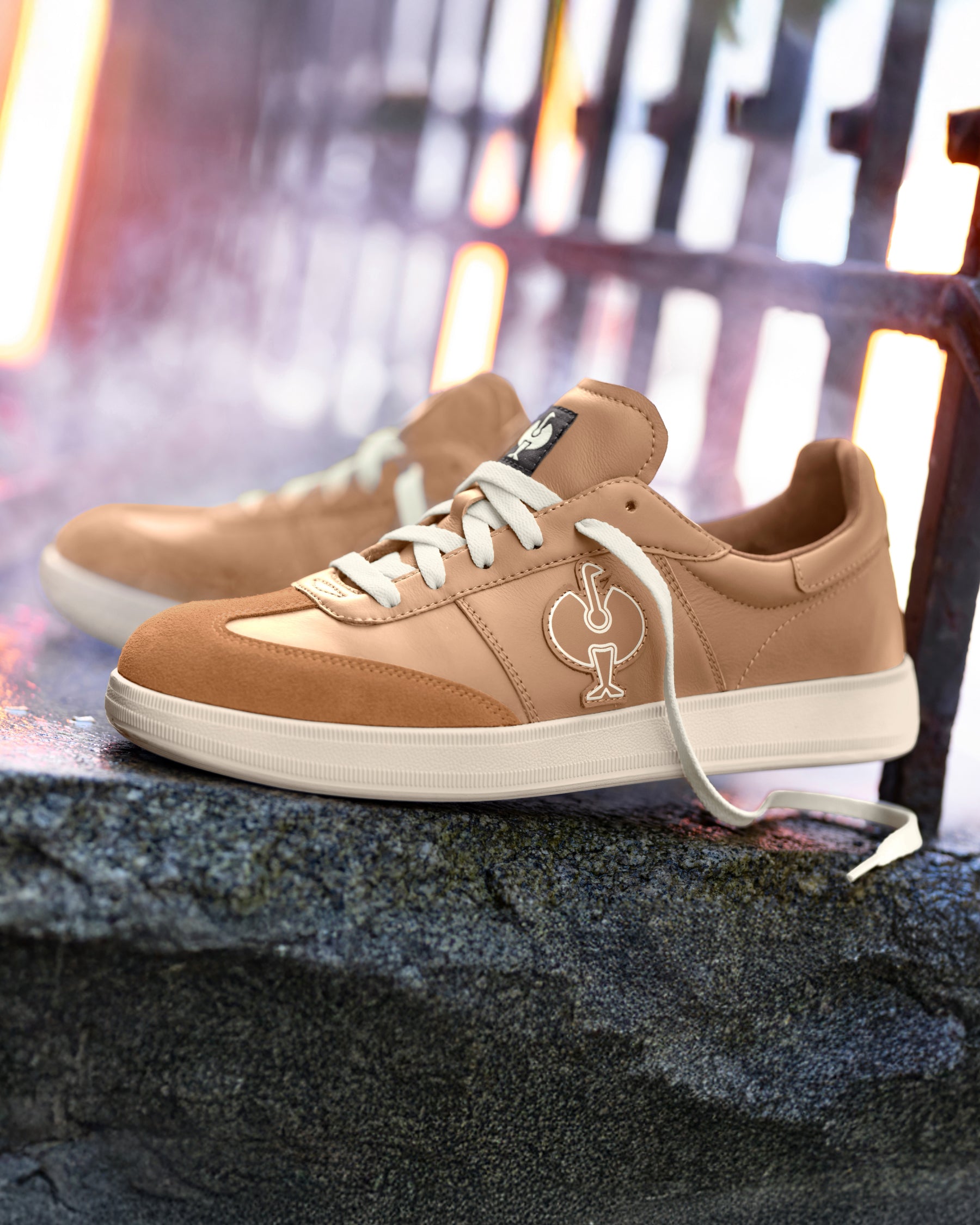 STRAUSS Brooklyn Steel Toe Work Shoe in Almond brown with workwear in a jobsite scene