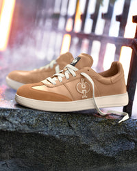 STRAUSS Brooklyn Steel Toe Work Shoe in Almond brown with workwear in a jobsite scene