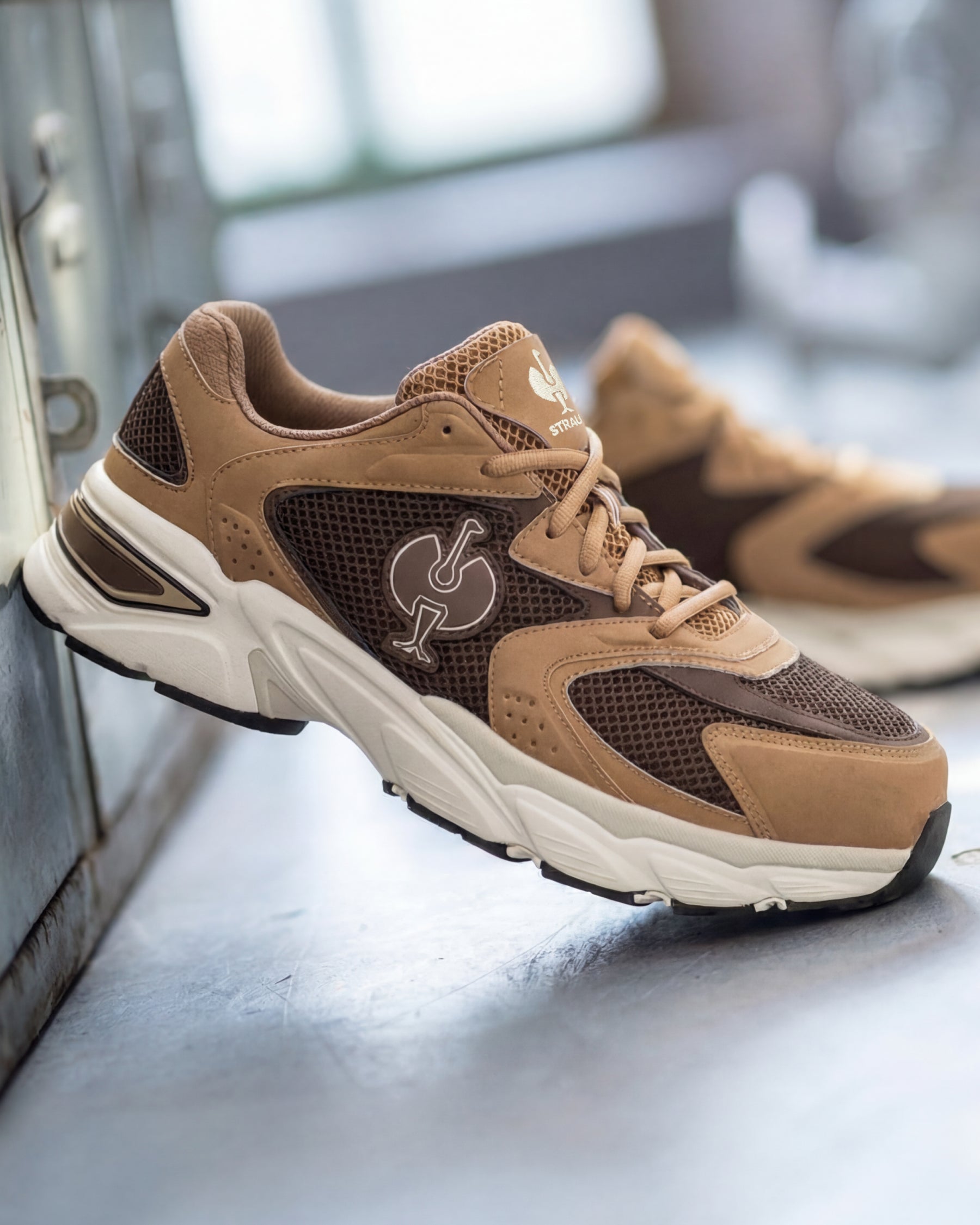 STRAUSS St. Louis Composite Toe Work Shoe in Almond brown worn in an outdoor work setting