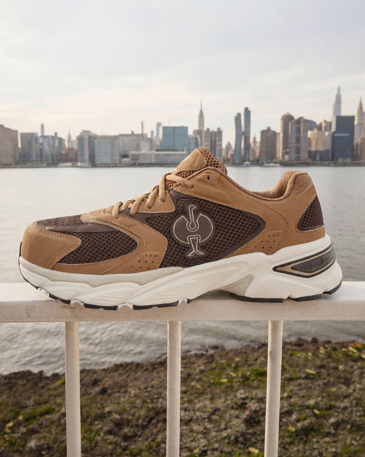 STRAUSS St. Louis Composite Toe Work Shoe in Almond brown with workwear in a jobsite scene