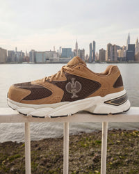 STRAUSS St. Louis Composite Toe Work Shoe in Almond brown with workwear in a jobsite scene