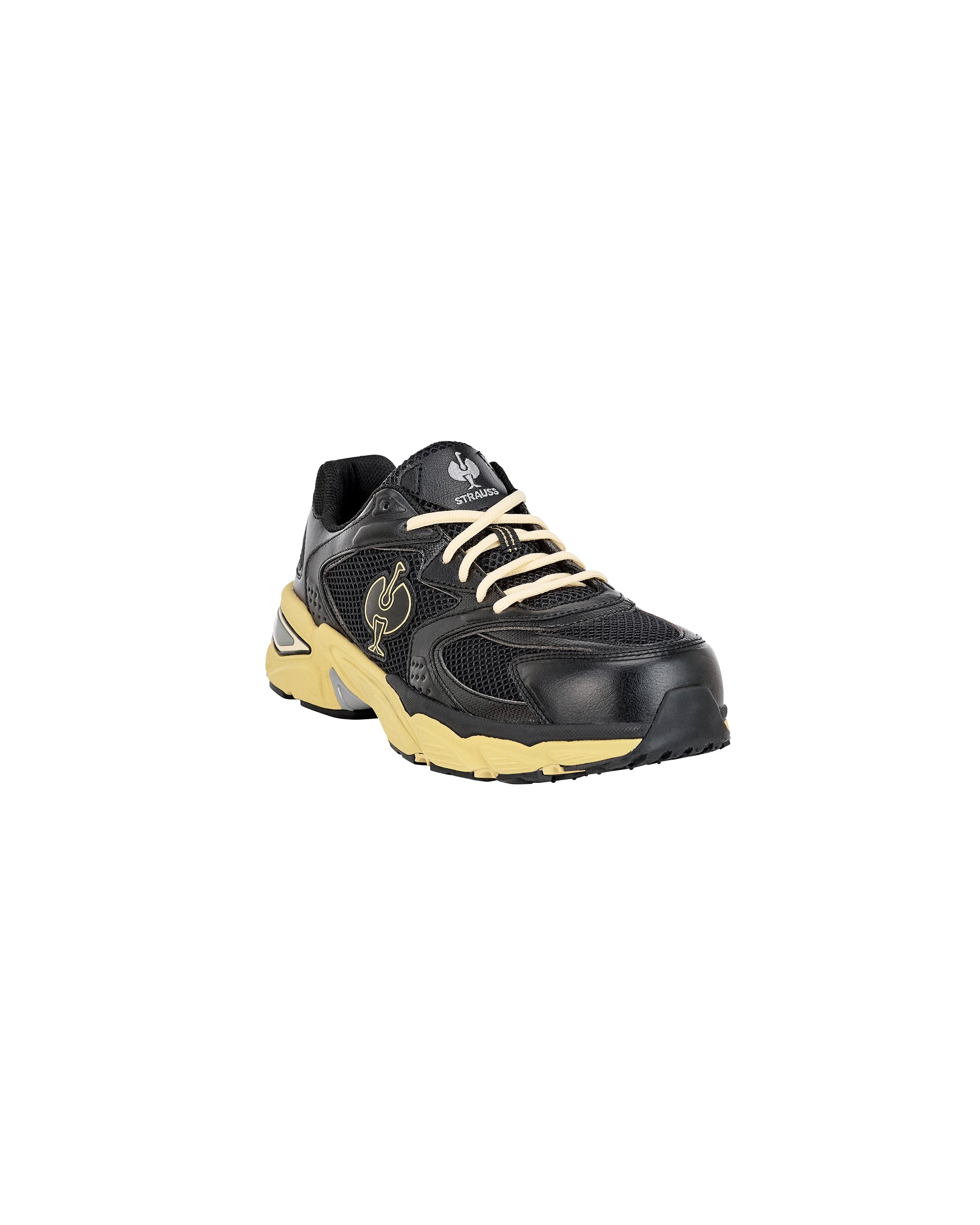 STRAUSS St. Louis Composite Toe Work Shoe in Black and Sand, front three-quarter view