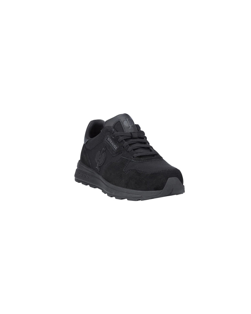 STRAUSS Canberra Steel Toe Work Shoe in Black, front three-quarter view
