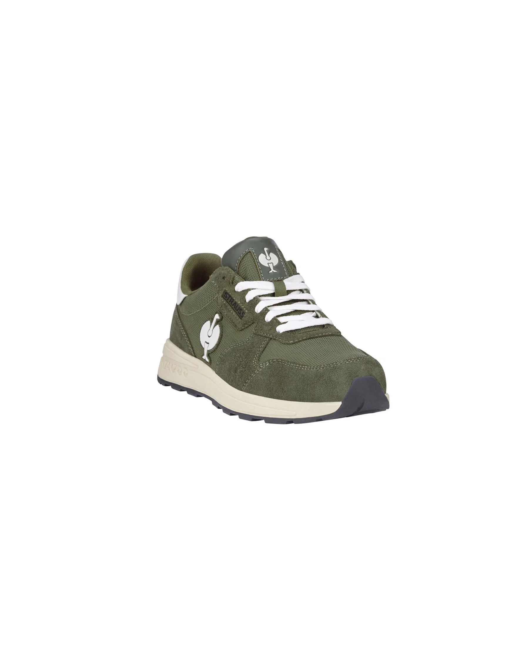 STRAUSS Canberra Steel Toe Work Shoe in Disguise green, front three-quarter view