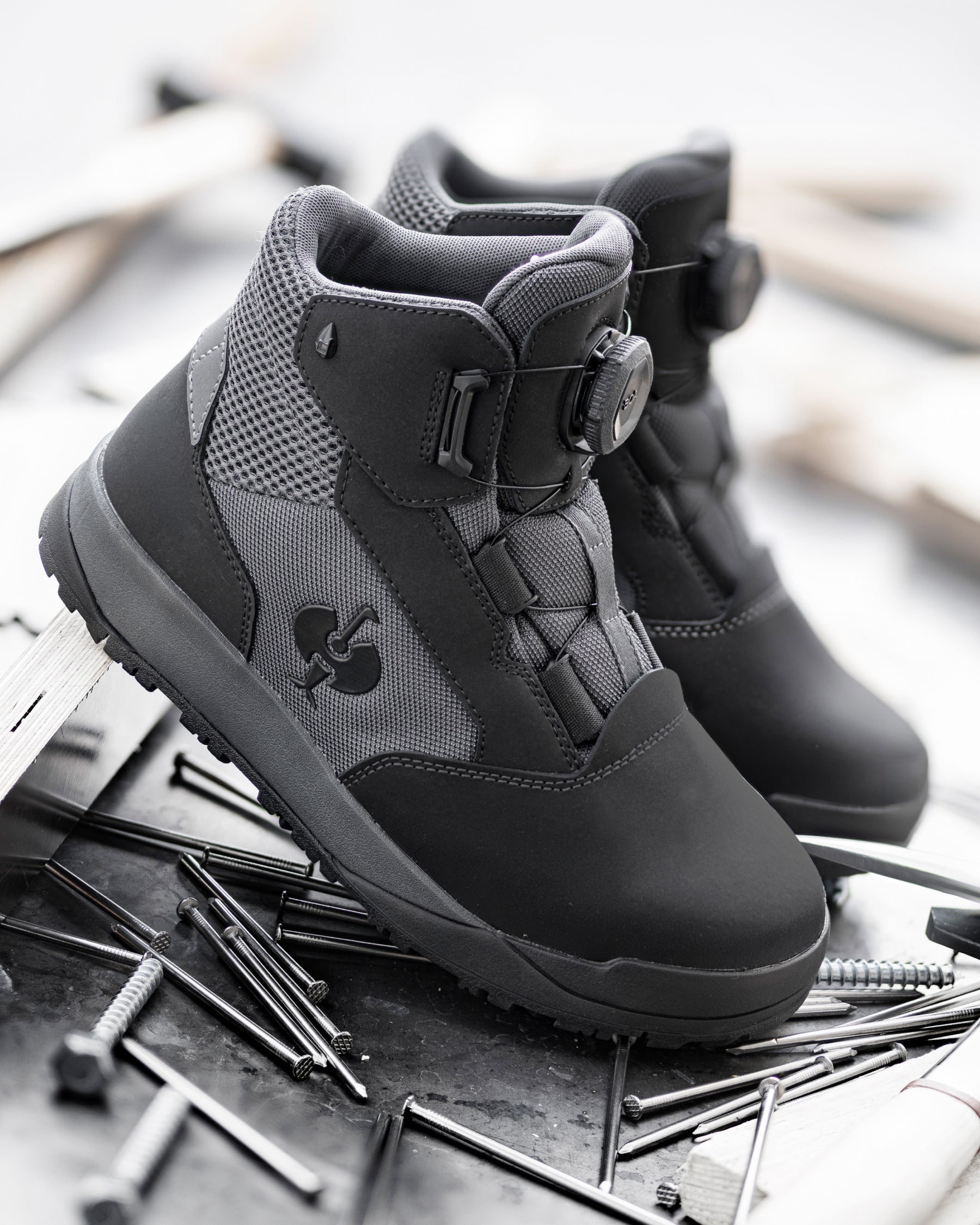 STRAUSS Murcia 6-inch Steel Toe Work Boot in Carbon gray and Black shown in use on the job