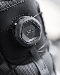 Close-up of the Carbon gray and Black Murcia 6-inch Steel Toe Work Boot upper