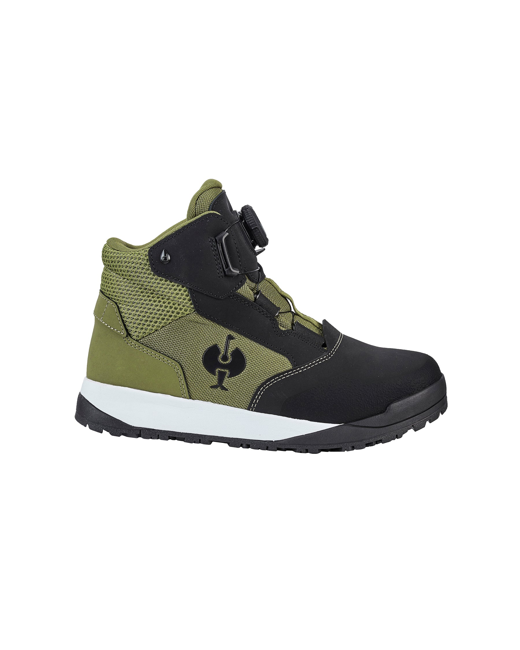 STRAUSS Murcia 6-inch Steel Toe Work Boot in Black and Mountain green, side profile view