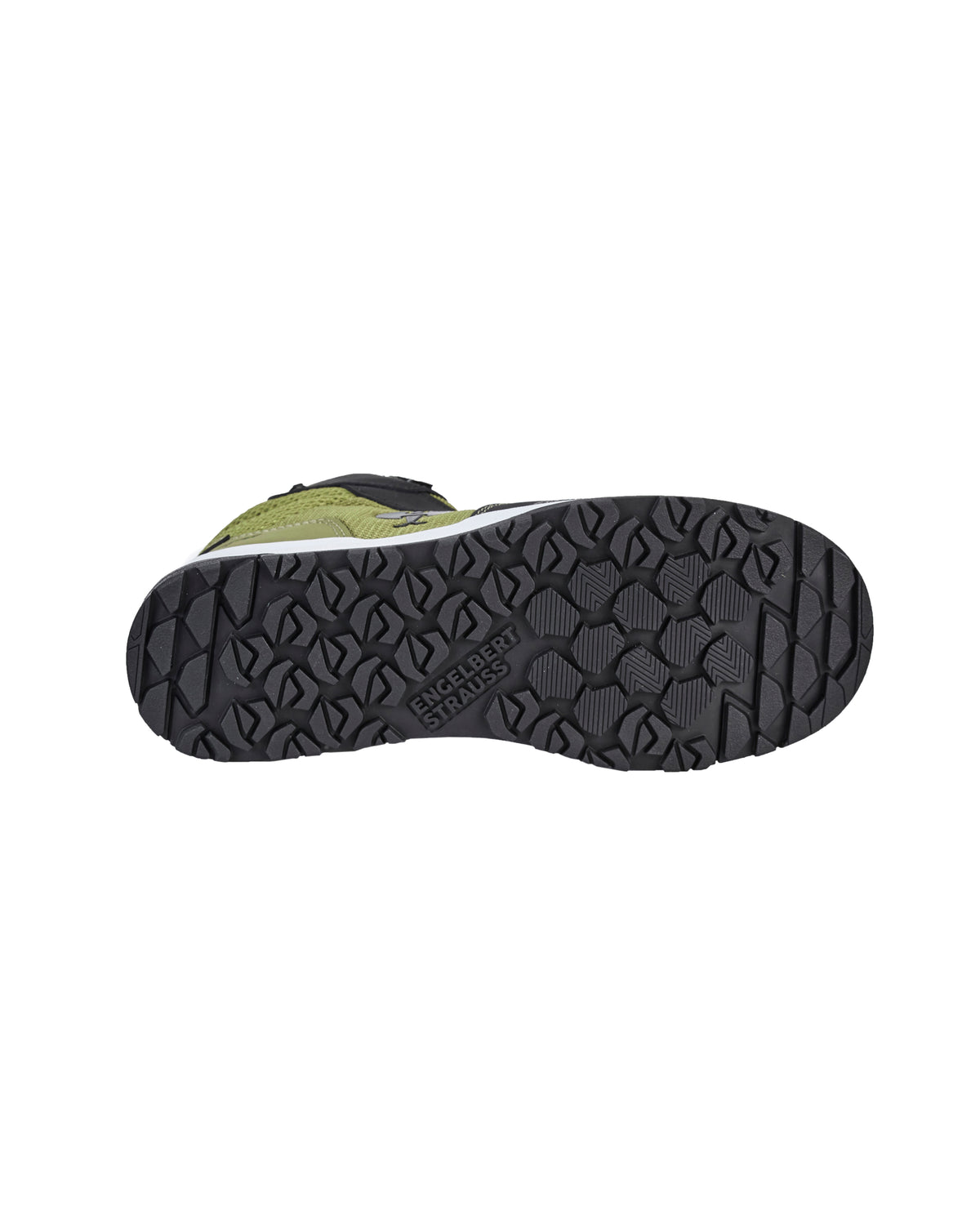 Outsole tread view of the STRAUSS Murcia 6-inch Steel Toe Work Boot in Black and Mountain green