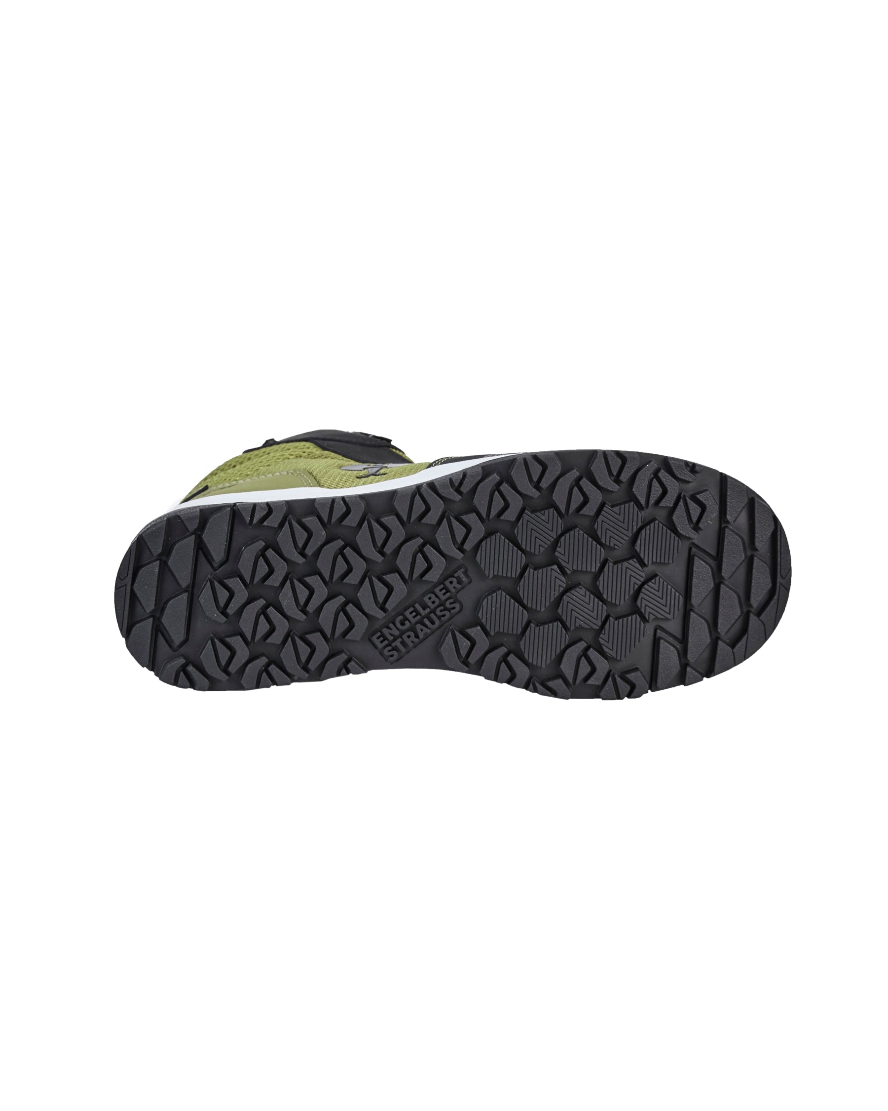 Outsole tread view of the STRAUSS Murcia 6-inch Steel Toe Work Boot in Black and Mountain green
