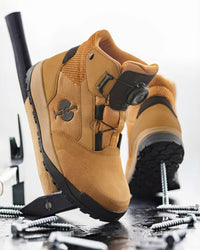 STRAUSS Murcia 6-inch Steel Toe Work Boot in Almond brown and Black shown in use on the job