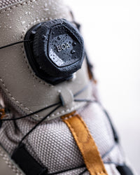 Close-up of the Black, Dolphin gray, and Almond brown Murcia 6-inch Steel Toe Work Boot upper
