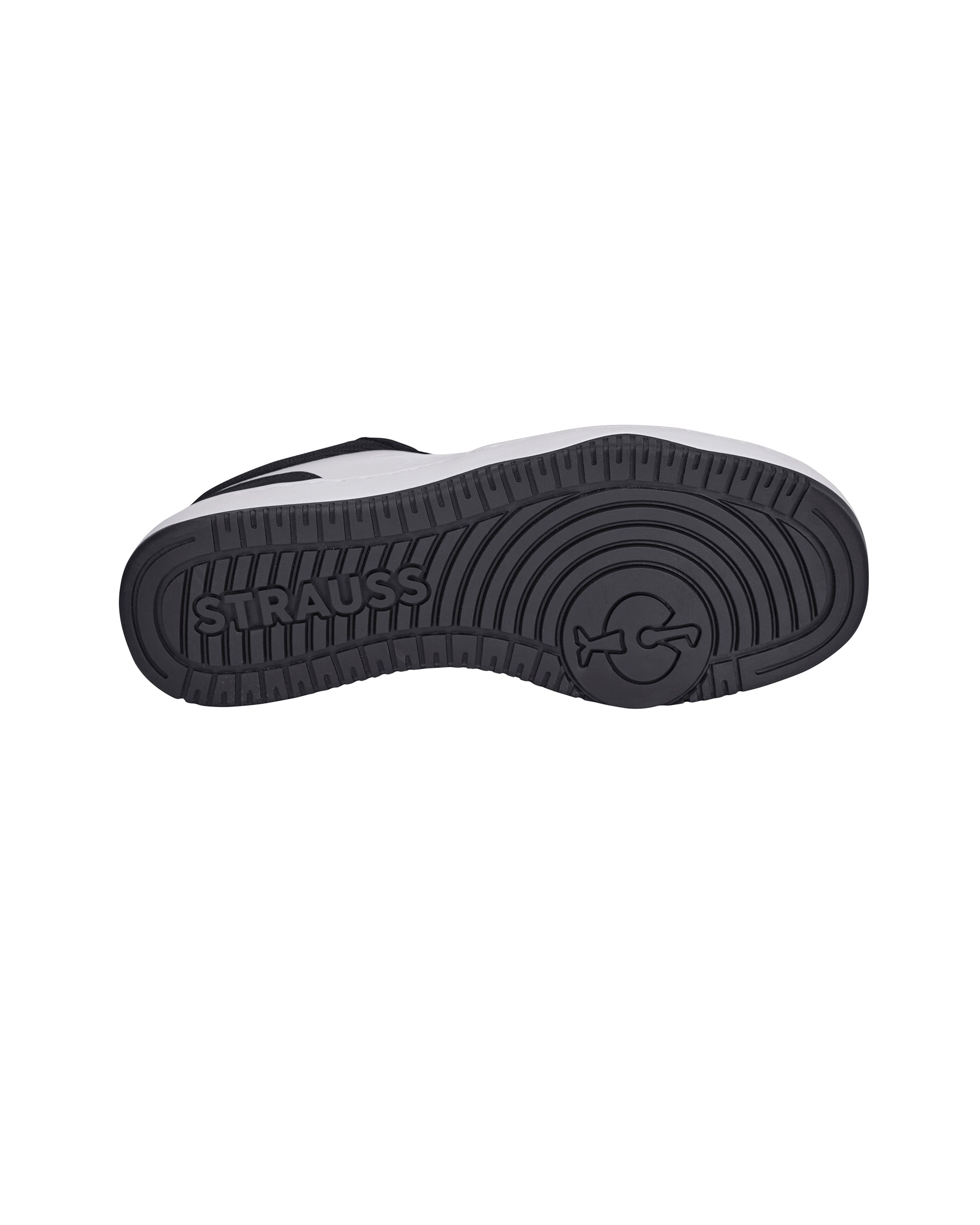 Outsole tread view of the STRAUSS Eindhoven Steel Toe Work Shoe in Black and White