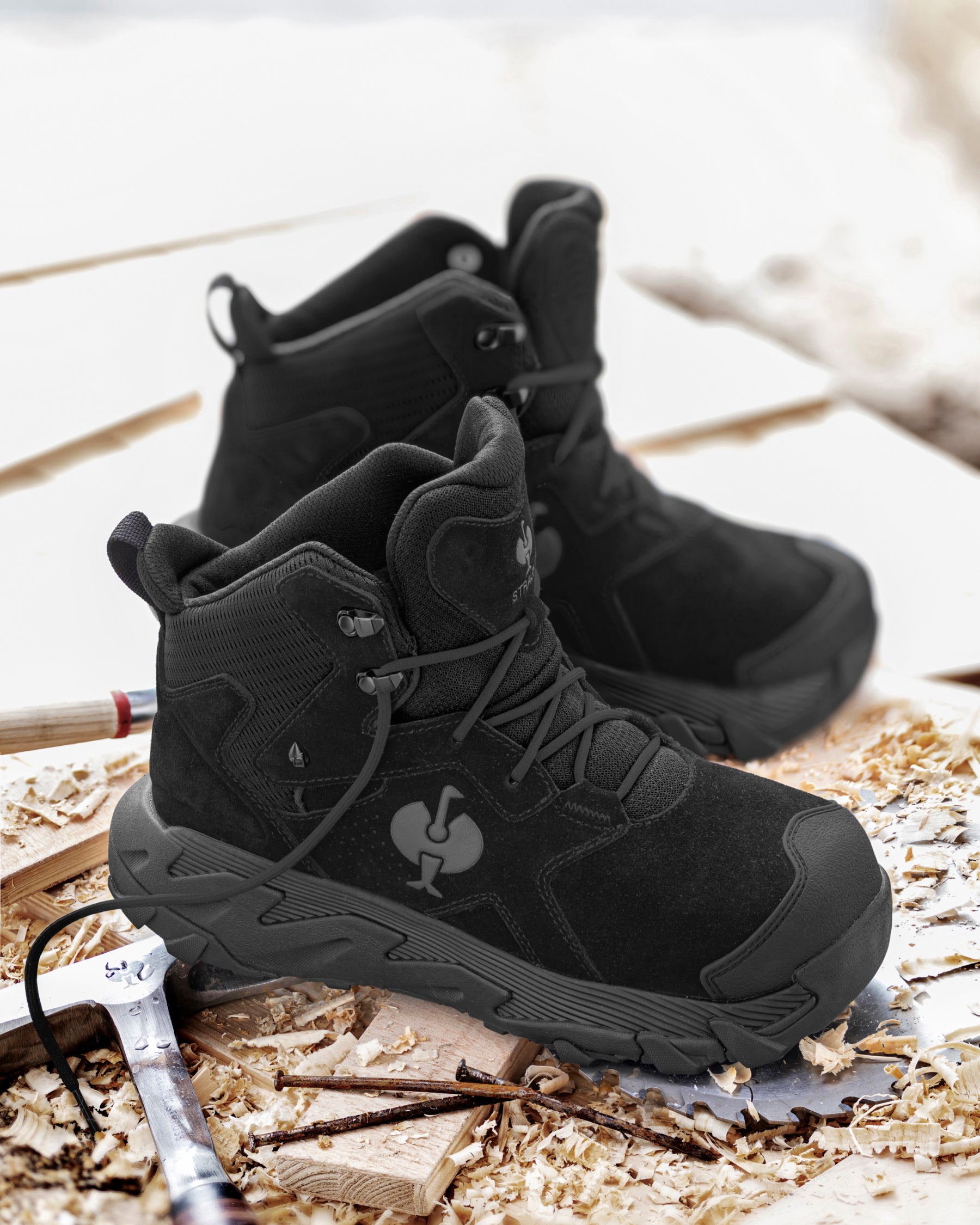 STRAUSS Turin 6-inch Aluminum Toe Work Boot in Black with workwear in a jobsite scene