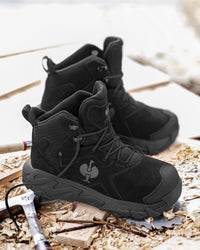 STRAUSS Turin 6-inch Aluminum Toe Work Boot in Black with workwear in a jobsite scene