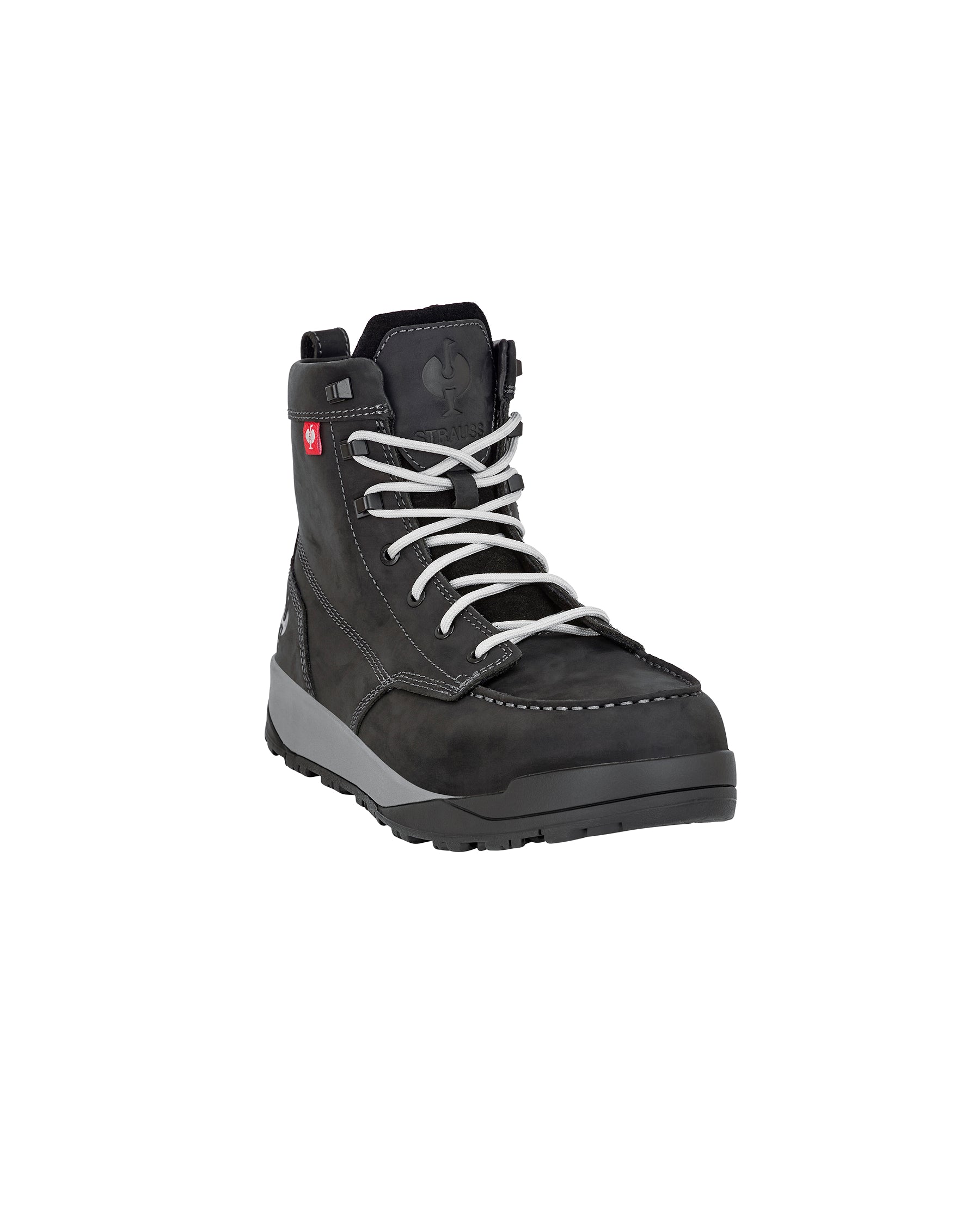 STRAUSS Omaha 6-inch Steel Toe Work Boot in Black, front three-quarter view