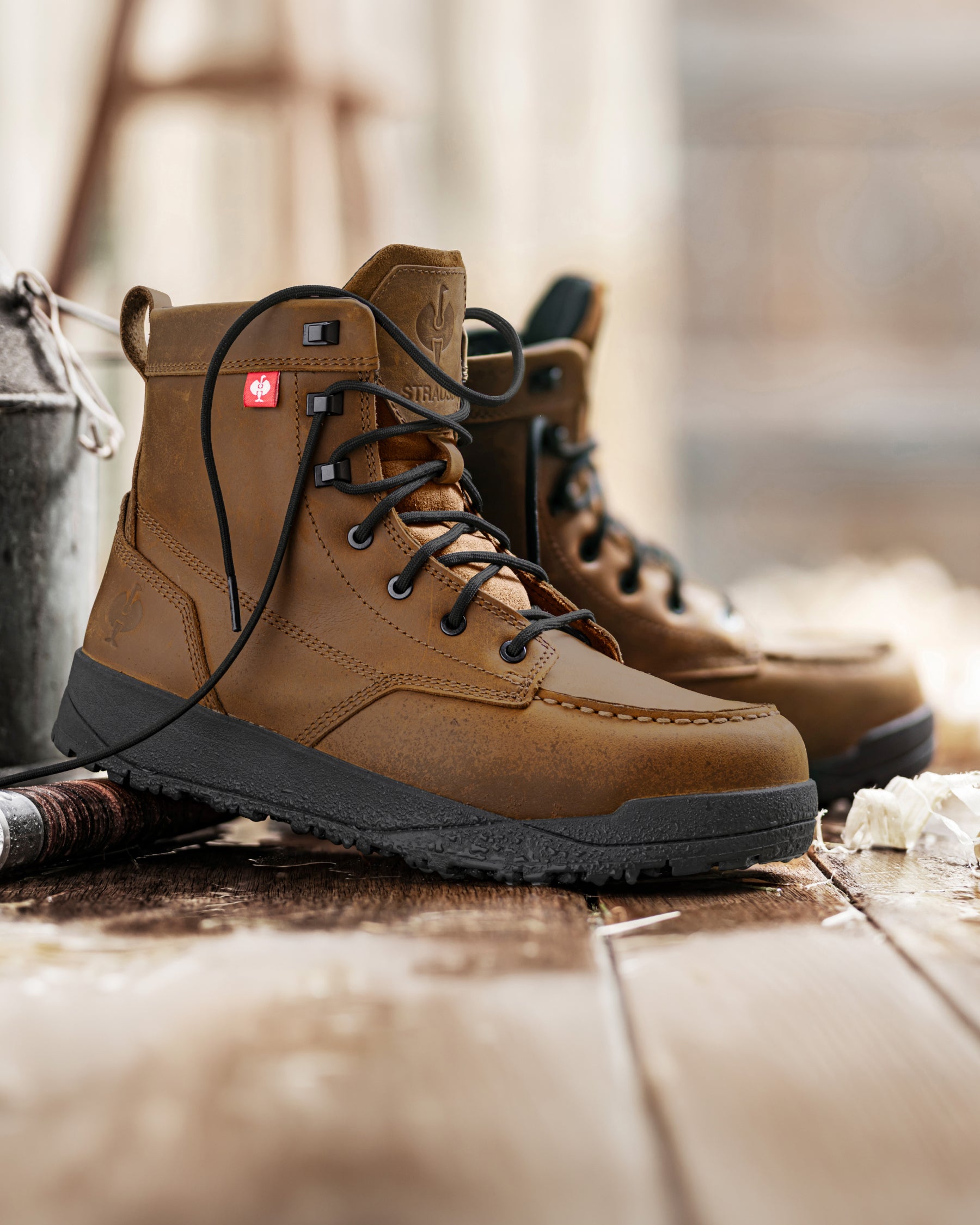 Close-up of the Carob brown Omaha 6-inch Steel Toe Work Boot upper, laces, and steel toe area