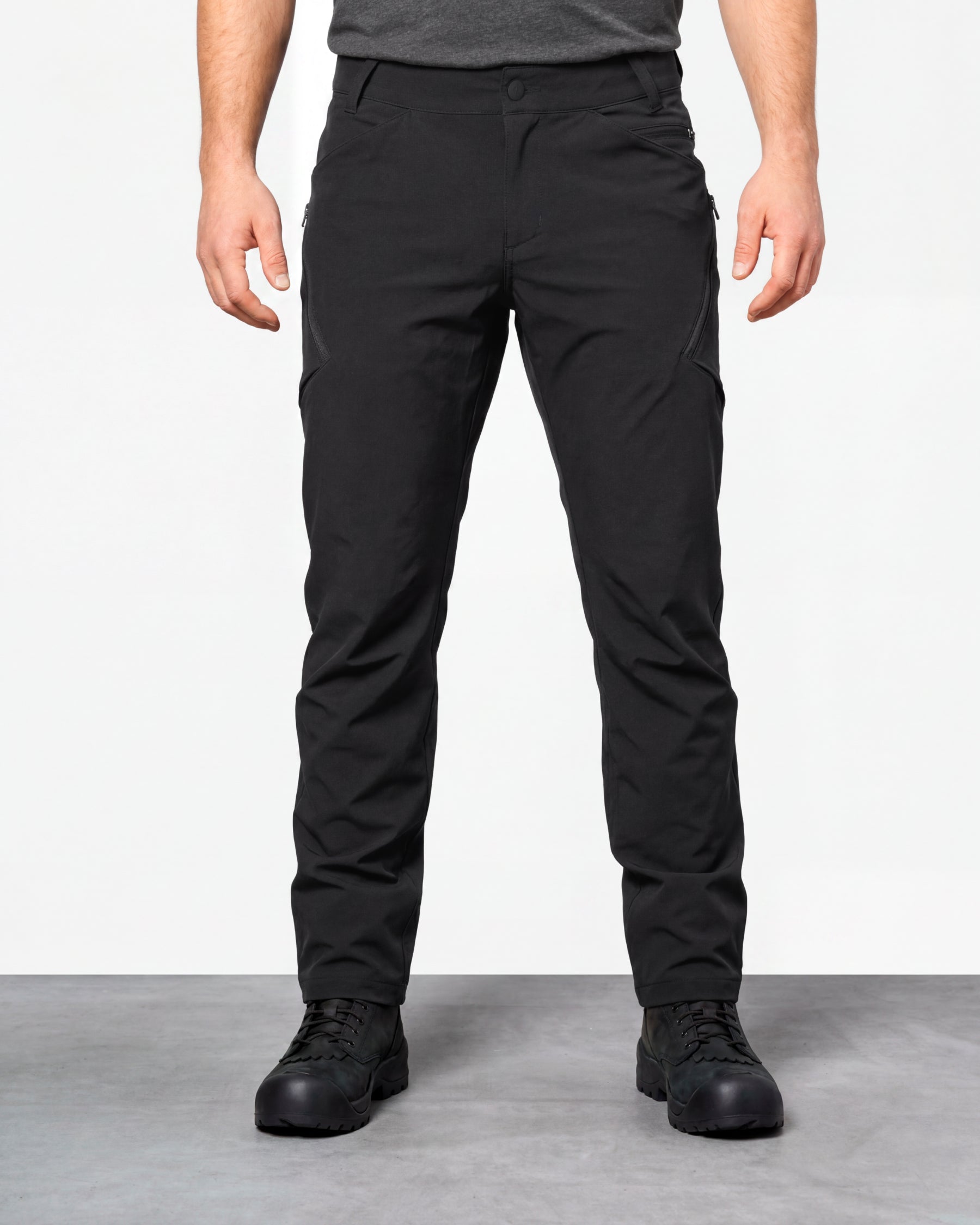 Utility Cargo Work Pants in black worn by a model, front view