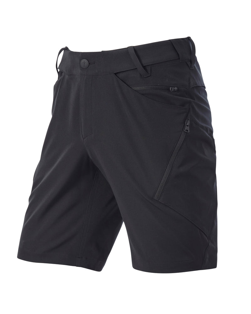 Engelbert Strauss utility cargo work shorts in black, shown as a clean front product image highlighting the above-knee workwear cut, waistband, and functional pocket placement.