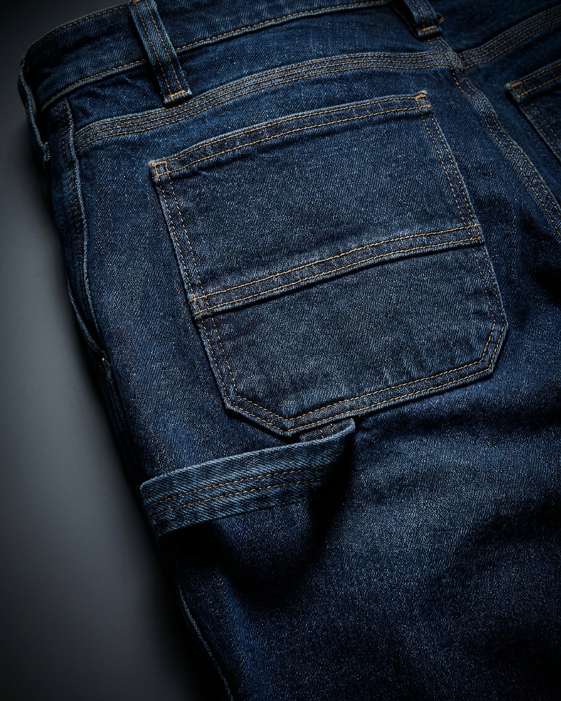 Close-up of denim pocket and stitching on Carpenter Jeans e.s.iconic in dark wash